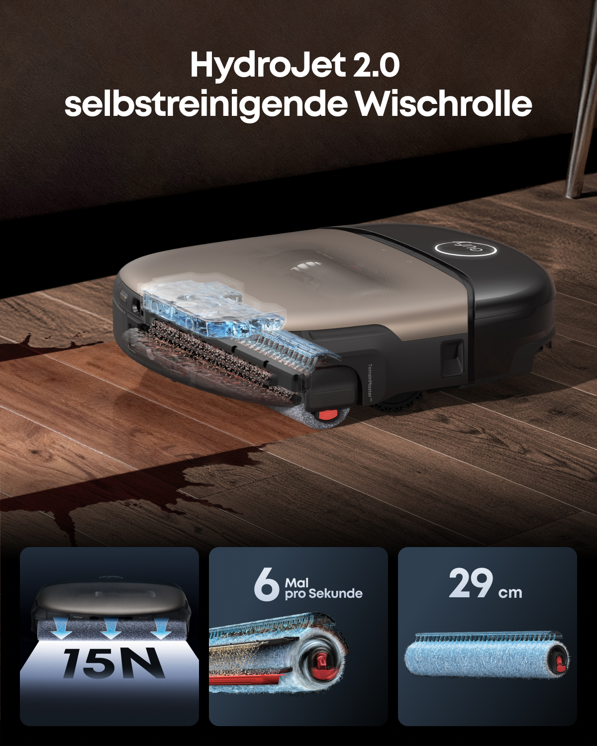 Roboterstaubsauger mit wischrolle reinigt holzboden, text oben zeigt HydroJet 2.0.