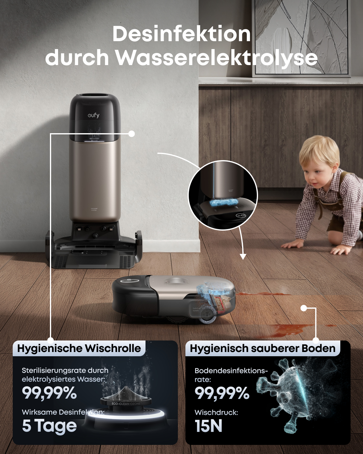 Eufy-Roboterstaubsauger mit Station, der den Boden mit elektrolysiertem Wasser reinigt, neben einem spielenden Kind.