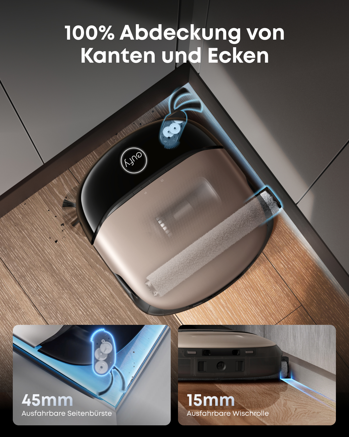 Roboterstaubsauger reinigt Ecken mit ausfahrbarer Bürste und Wischrolle.
