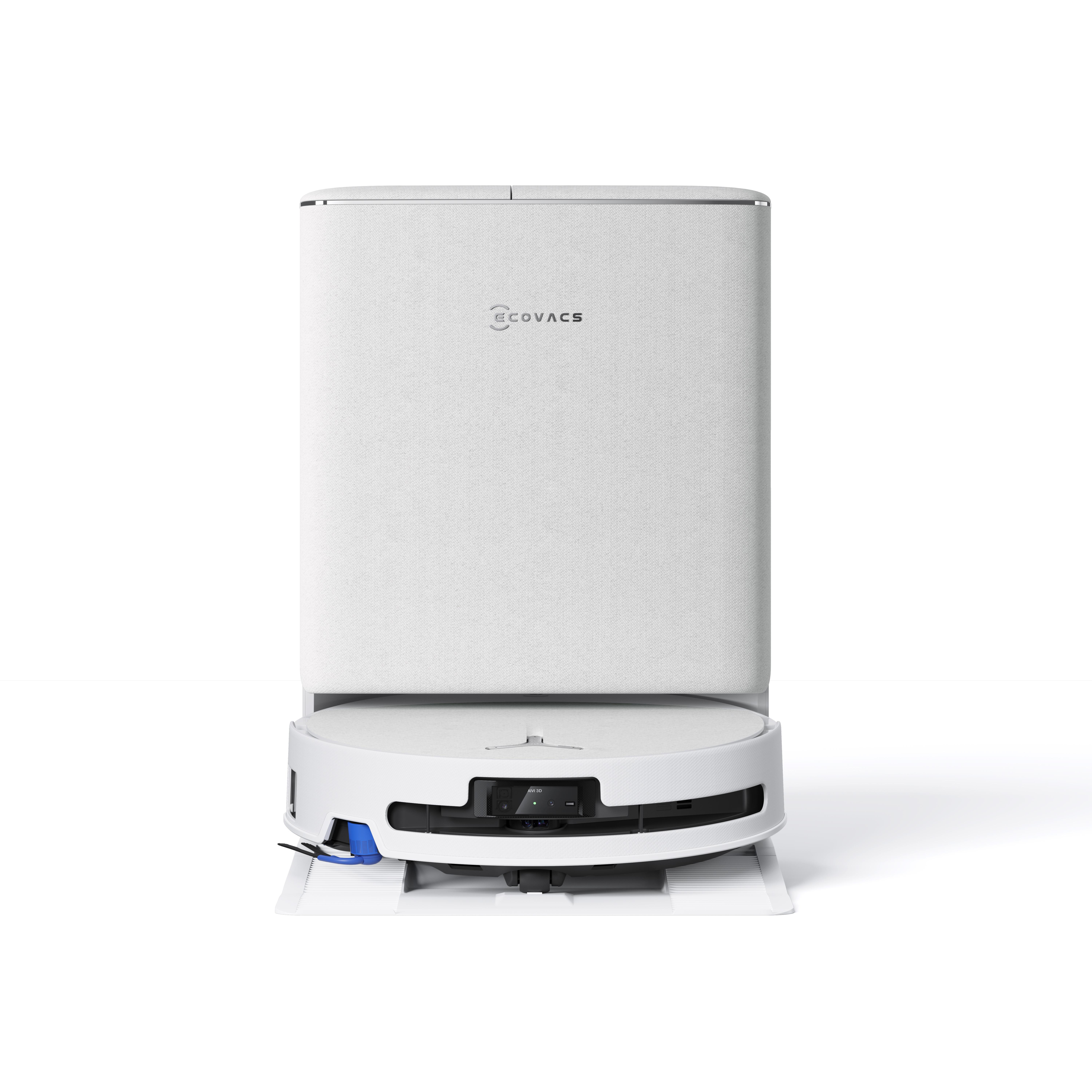 Ein weißer Ecovacs Saugroboter in seiner passenden Ladestation auf weißem Hintergrund.