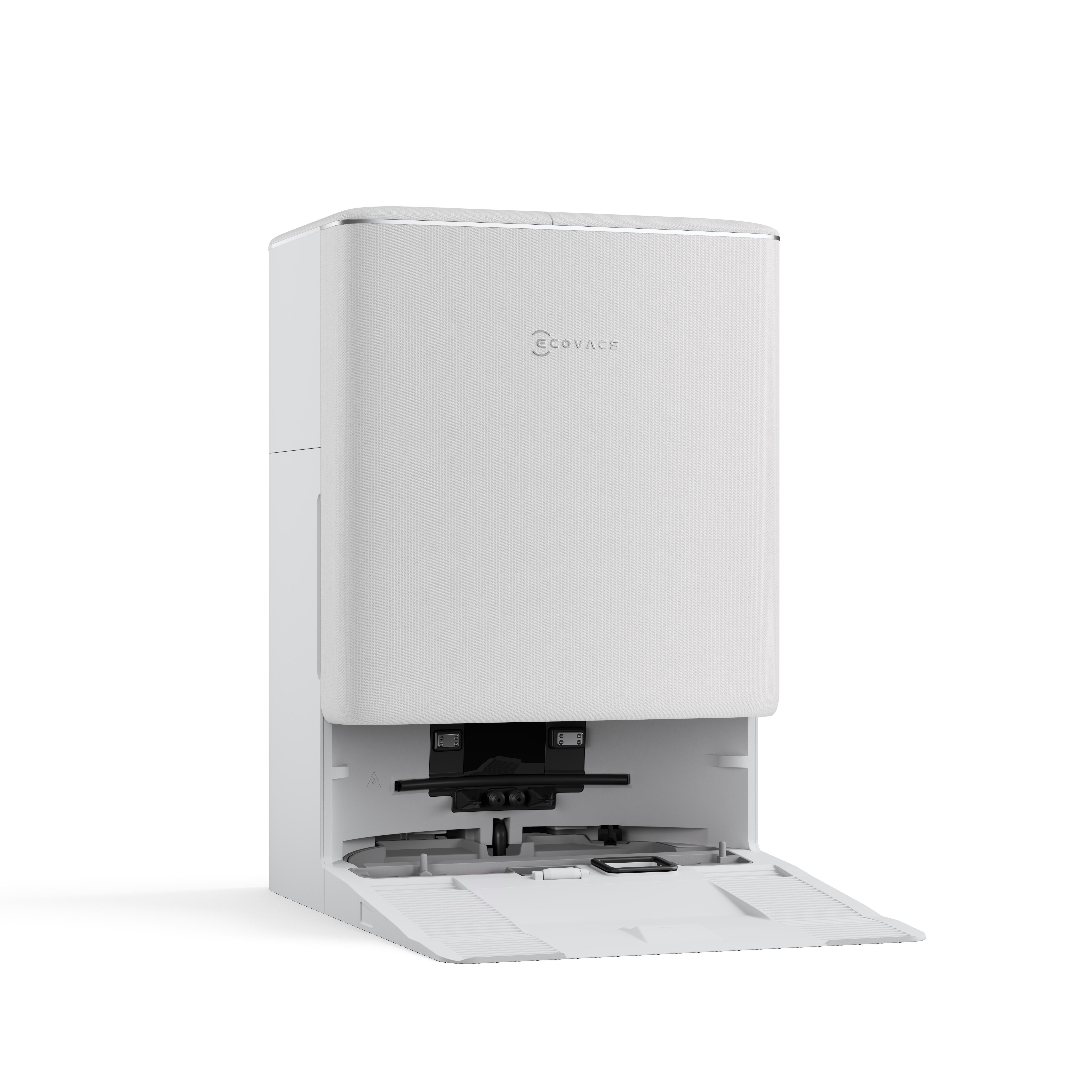 Weiße Ecovacs-Ladestation mit offener Klappe und Rampen auf weißem Hintergrund.