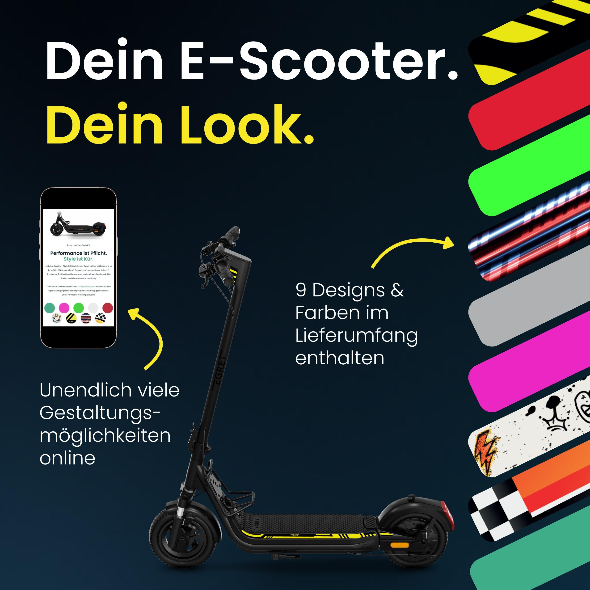 E-Scooter mit anpassbaren bunten Design-Aufklebern und Smartphone-App auf schwarzem Hintergrund.