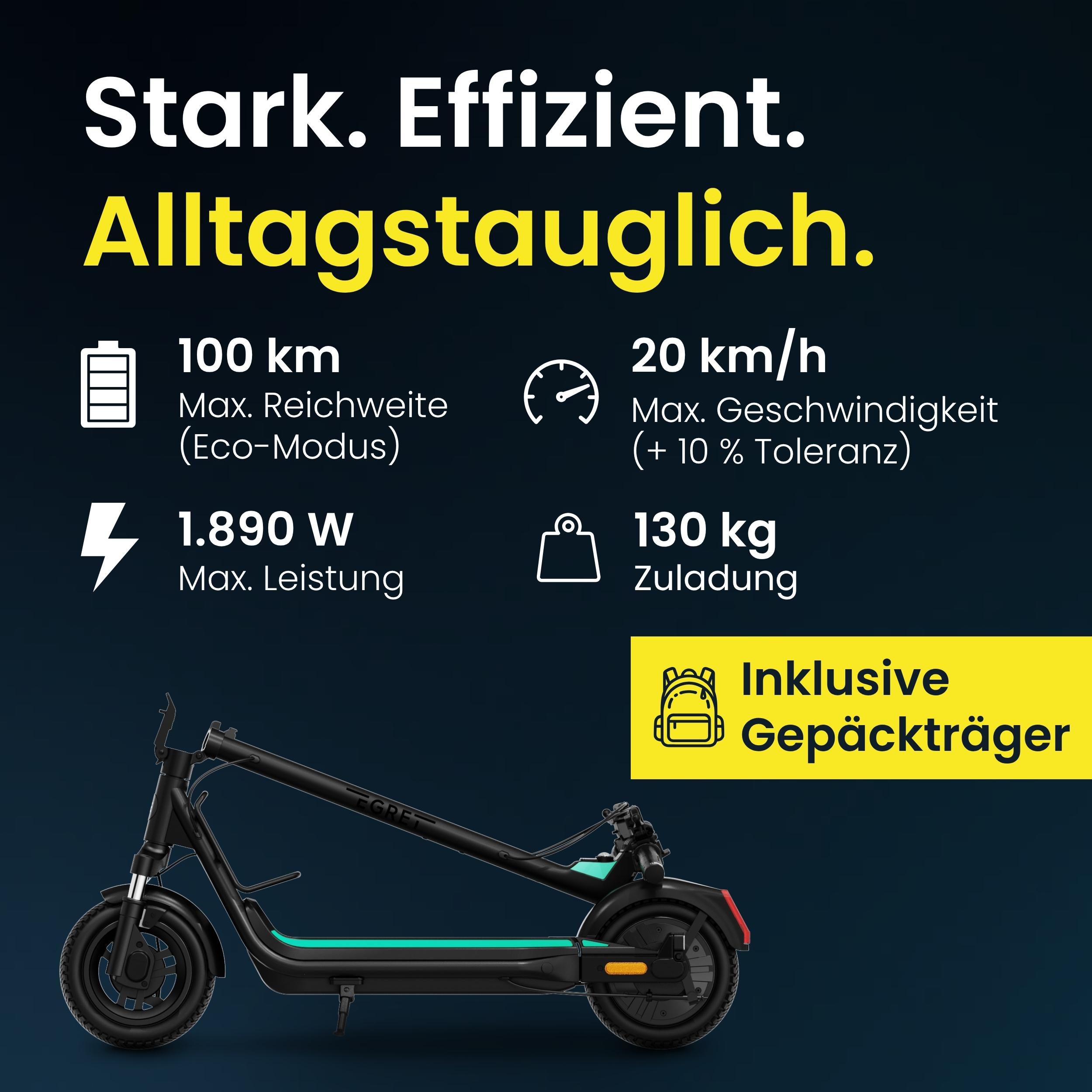 Ein E-Scooter mit 100 km Reichweite und 20 km/h Höchstgeschwindigkeit vor dunklem Hintergrund.