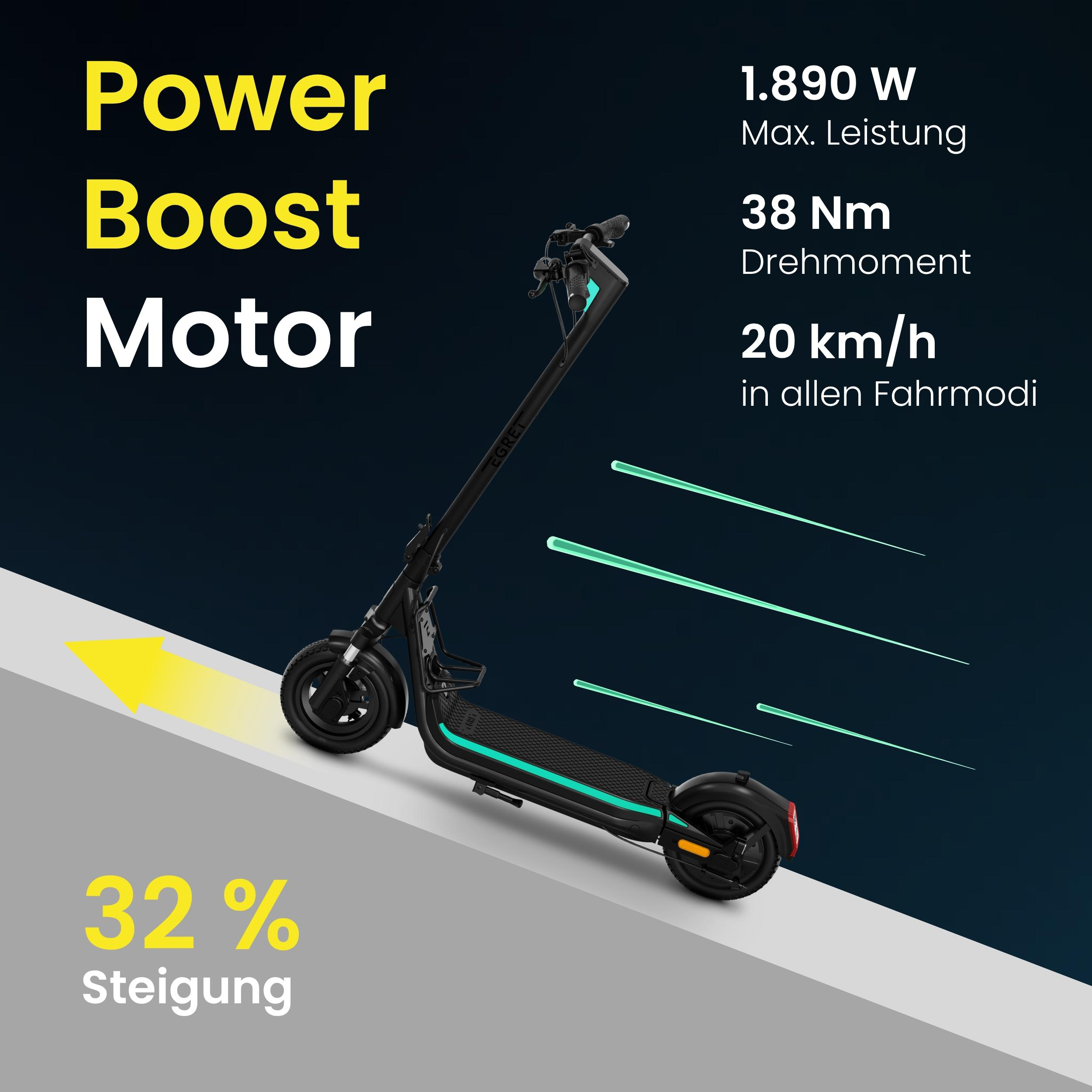 Ein schwarzer E-Scooter auf einer Steigung mit Textangaben zu Leistung, Drehmoment und 32% Steigung.