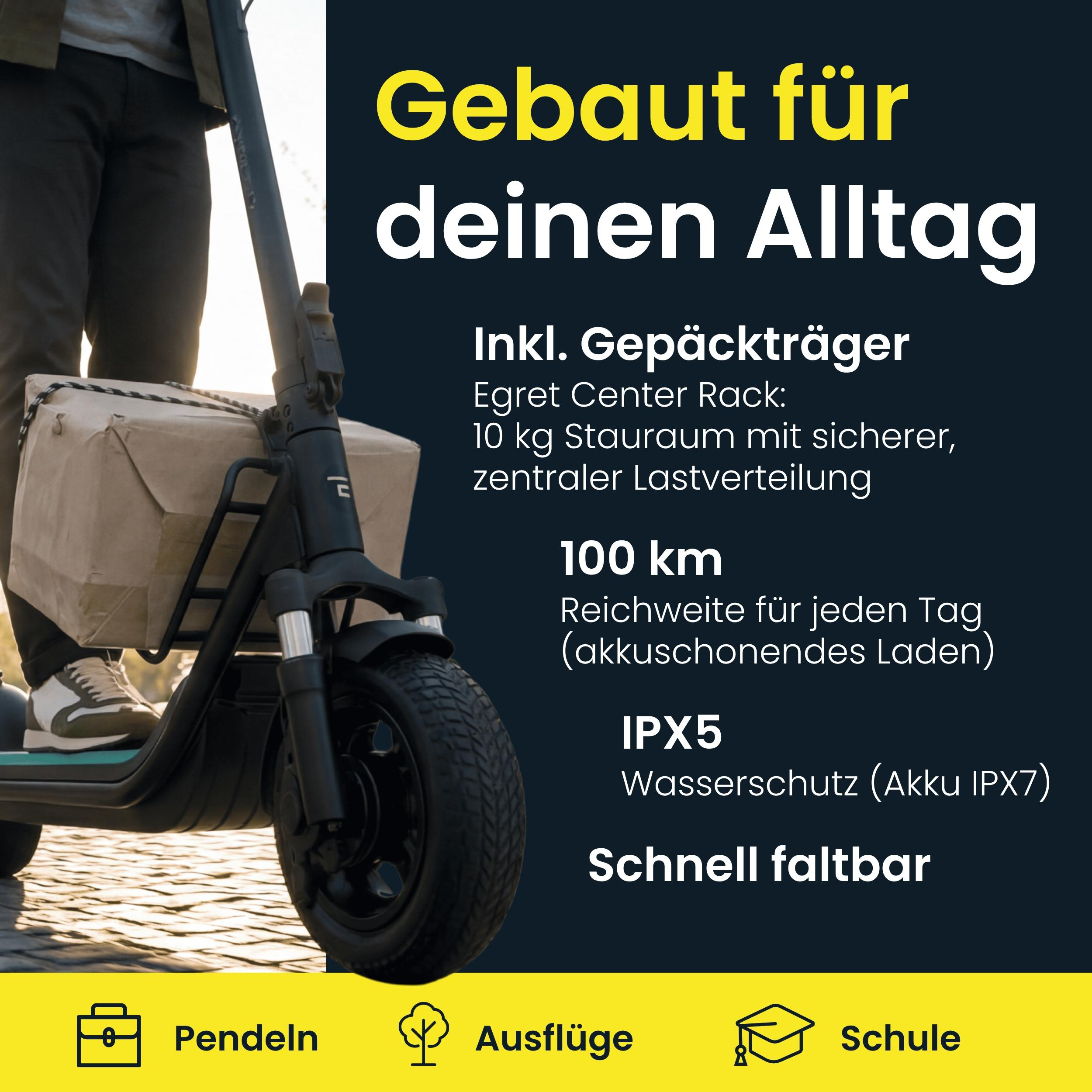 E-Scooter mit Frontgepäckträger und Paket, daneben deutscher Werbetext und gelbe Fußleiste mit Icons für Pendeln, Ausflüge, Schule.