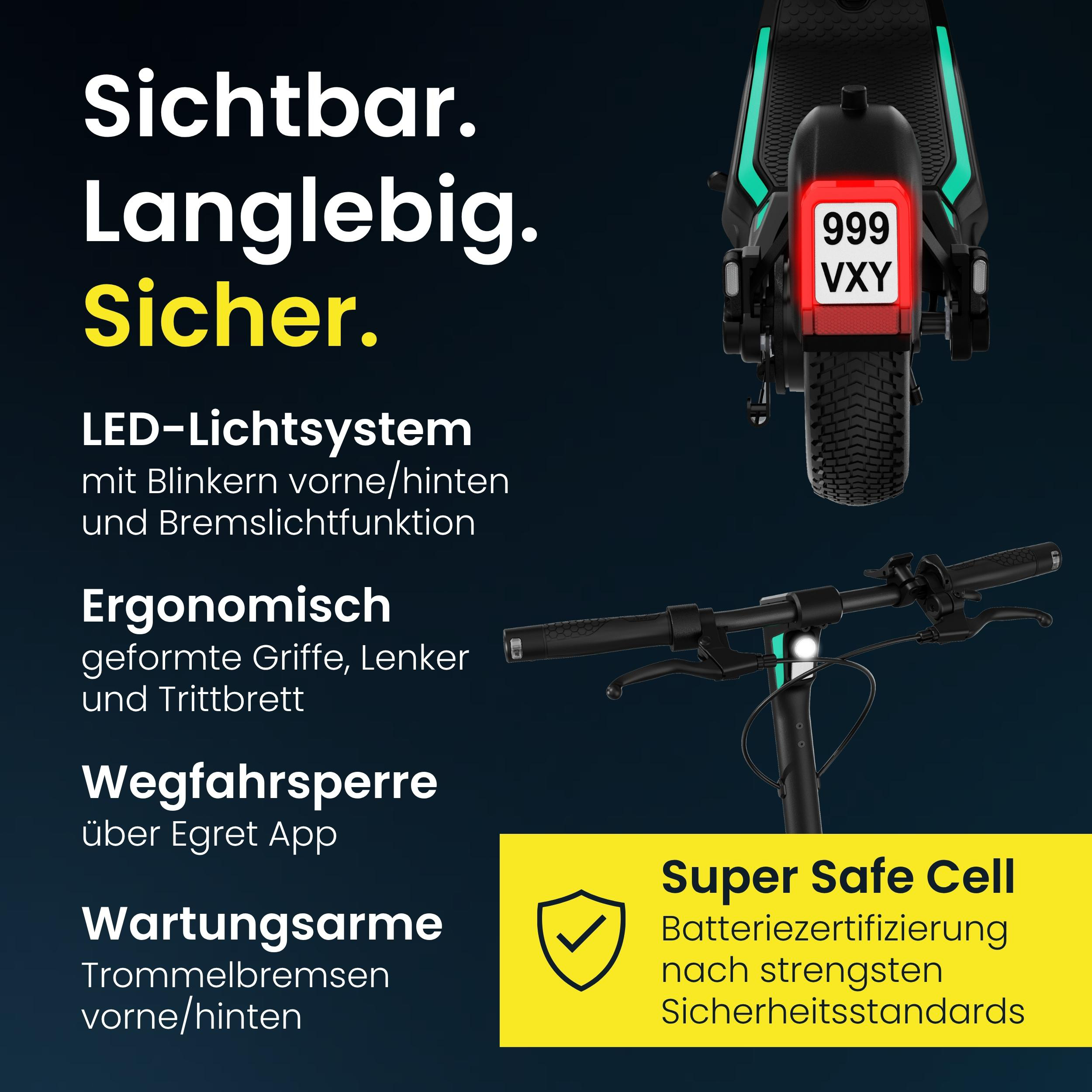 Werbebild für einen E-Scooter mit LED-Licht, Ergonomie, App-Sperre und Trommelbremsen auf dunklem Hintergrund.