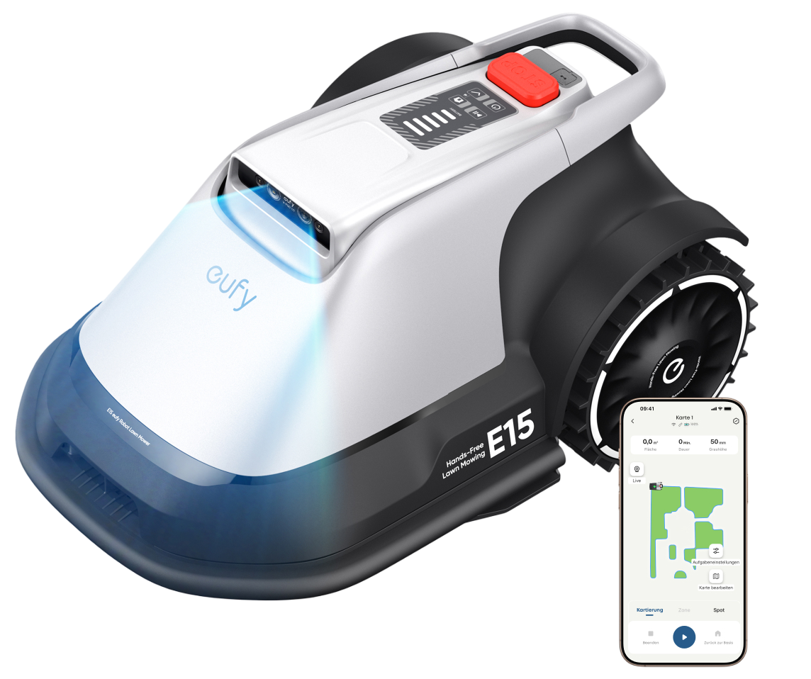 Weißer Eufy E15 Roboter-Rasenmäher mit rotem Stoppknopf und Smartphone-App-Ansicht vor schwarzem Hintergrund.