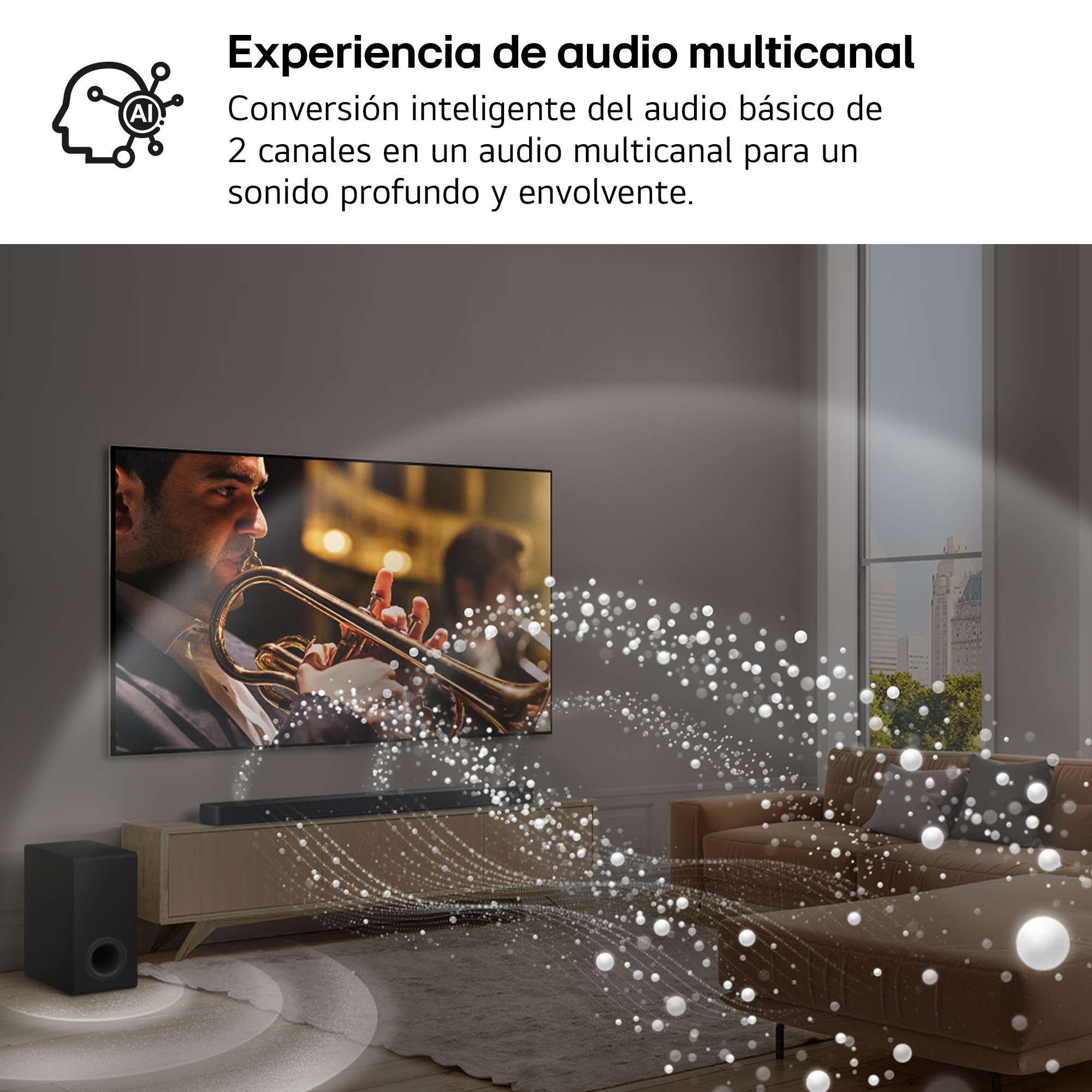 Sala con TV, barra de sonido y subwoofer mostrando efectos de audio multicanal inmersivos.