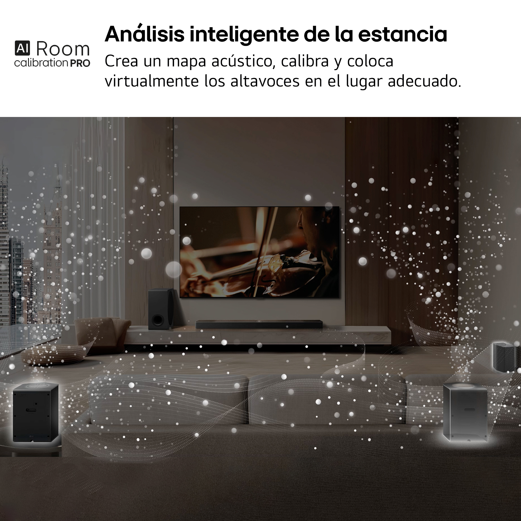 Salón con TV, altavoces y puntos brillantes que visualizan ondas sonoras durante la calibración acústica.