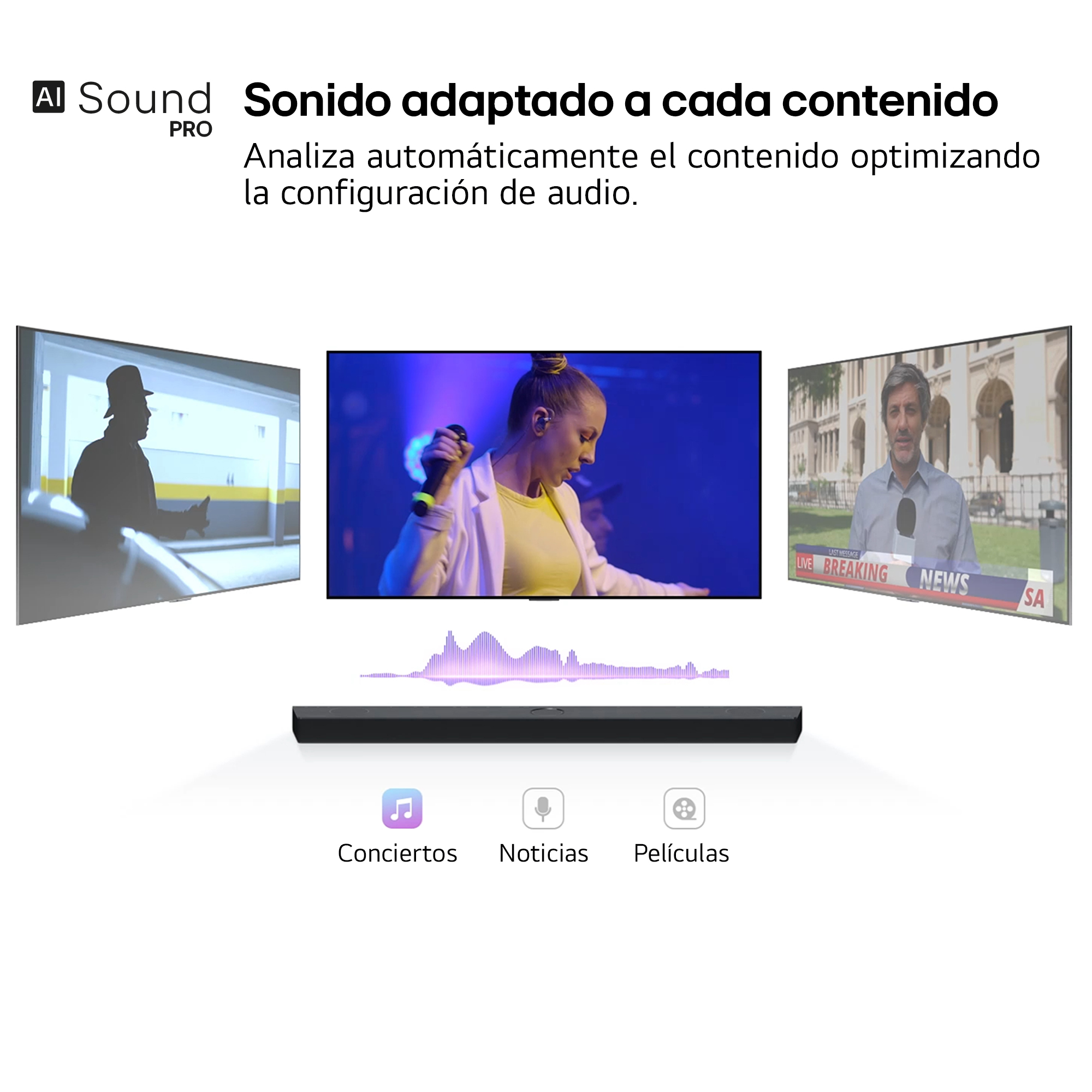 AI Sound Pro optimiza automáticamente el audio para conciertos, noticias y películas con una barra de sonido.
