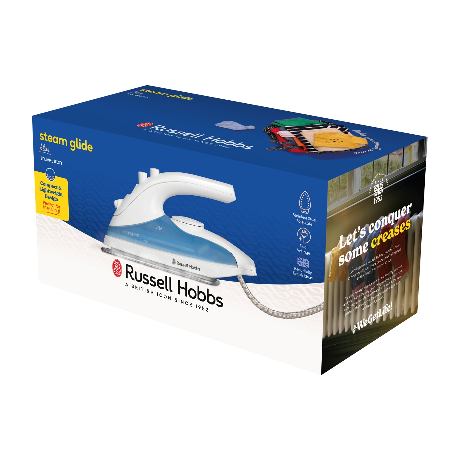 Una scatola blu e bianca per ferro da stiro da viaggio Russell Hobbs con immagine e testo.