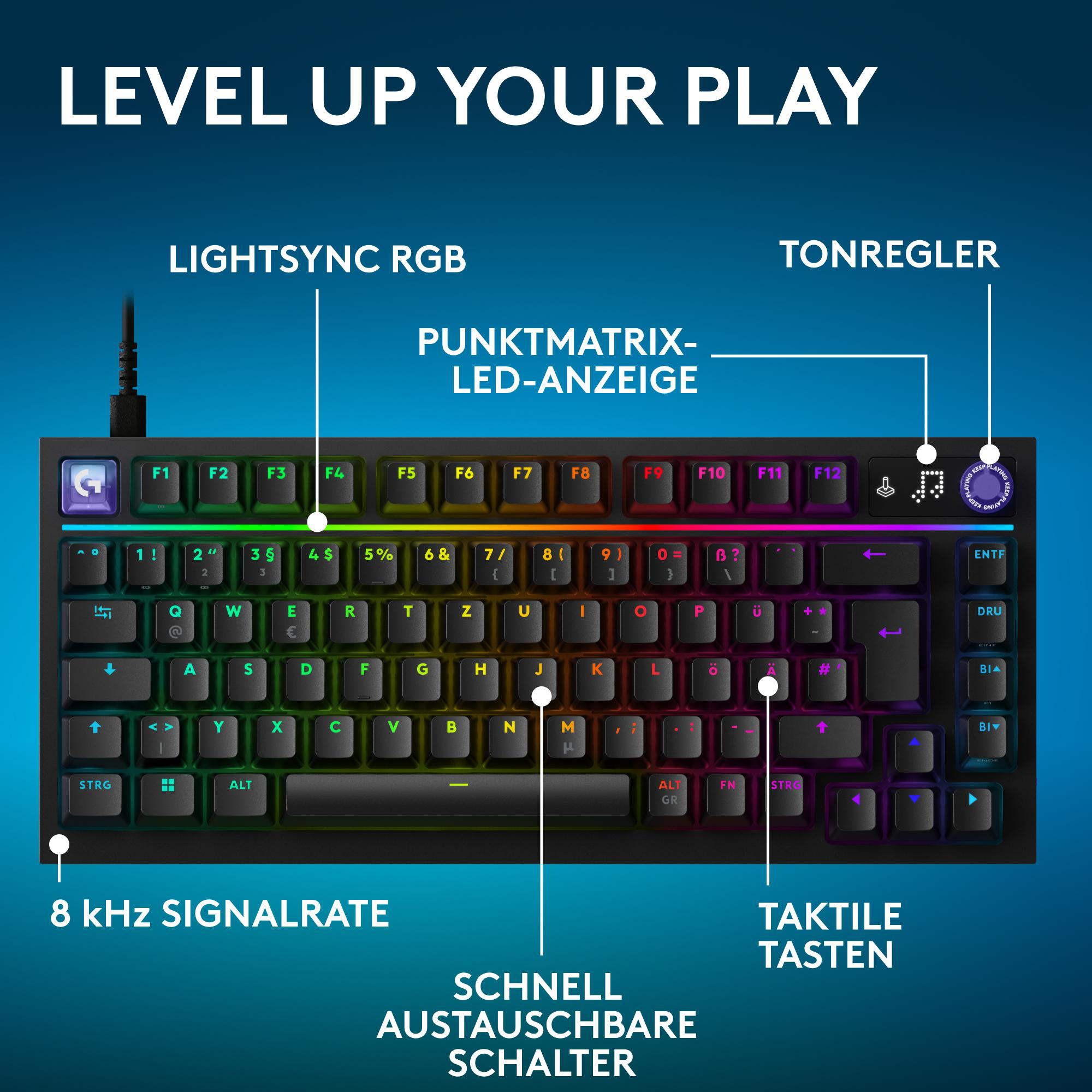 Eine schwarze mechanische Gaming-Tastatur mit RGB-Beleuchtung und deutschem Tastaturlayout vor blauem Hintergrund.