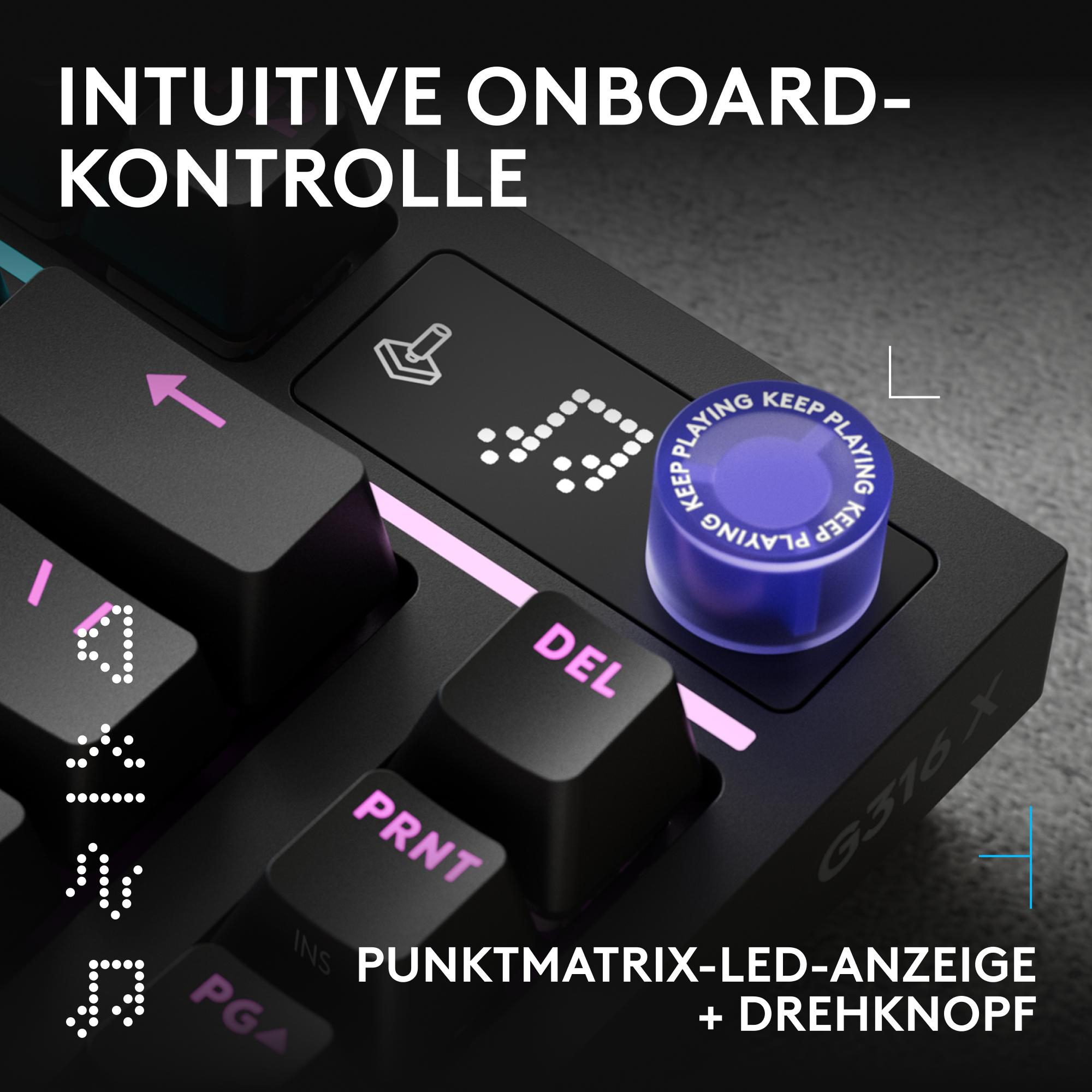 Schwarze Gaming-Tastatur mit Punktmatrix-LED-Anzeige und blauem Drehknopf.