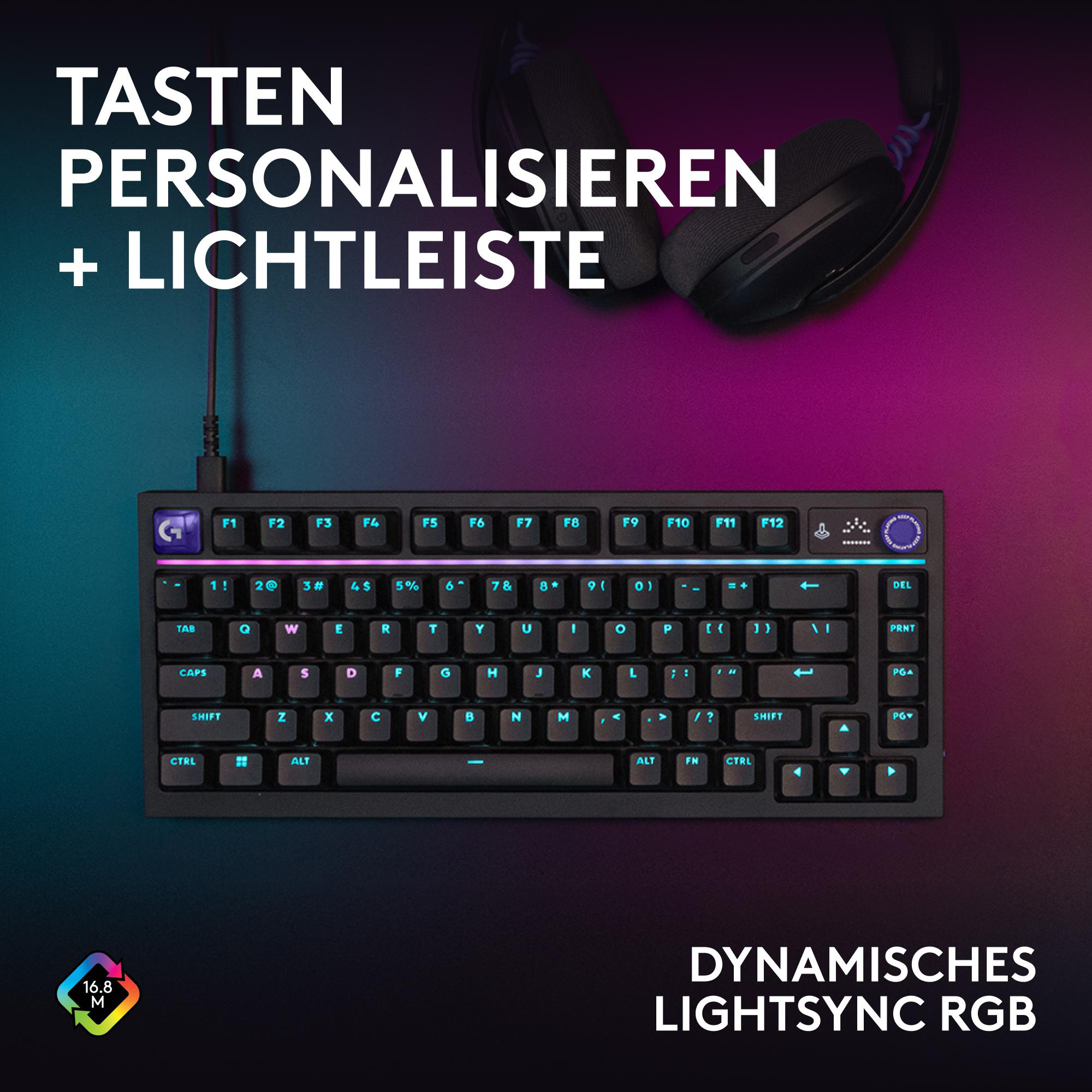 Schwarze mechanische Gaming-Tastatur mit RGB-Beleuchtung auf farbigem Hintergrund, oben sind Kopfhörer platziert.