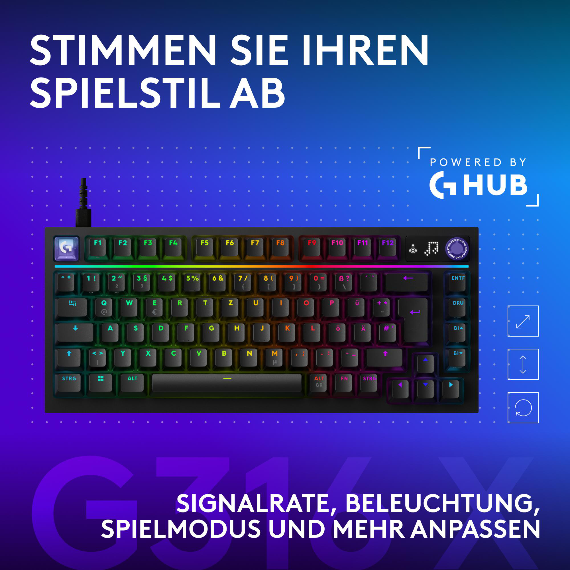 Eine schwarze Gaming-Tastatur mit RGB-Beleuchtung auf blauem Hintergrund mit Text.