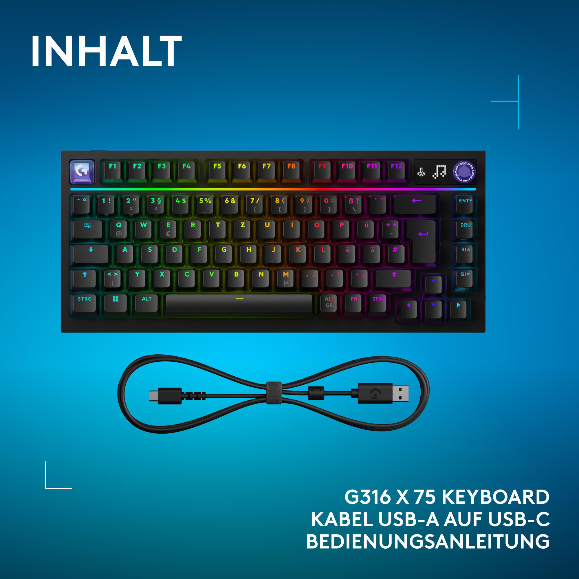 Eine schwarze RGB-Tastatur und ein USB-Kabel auf blauem Grund mit Text zum Inhalt.