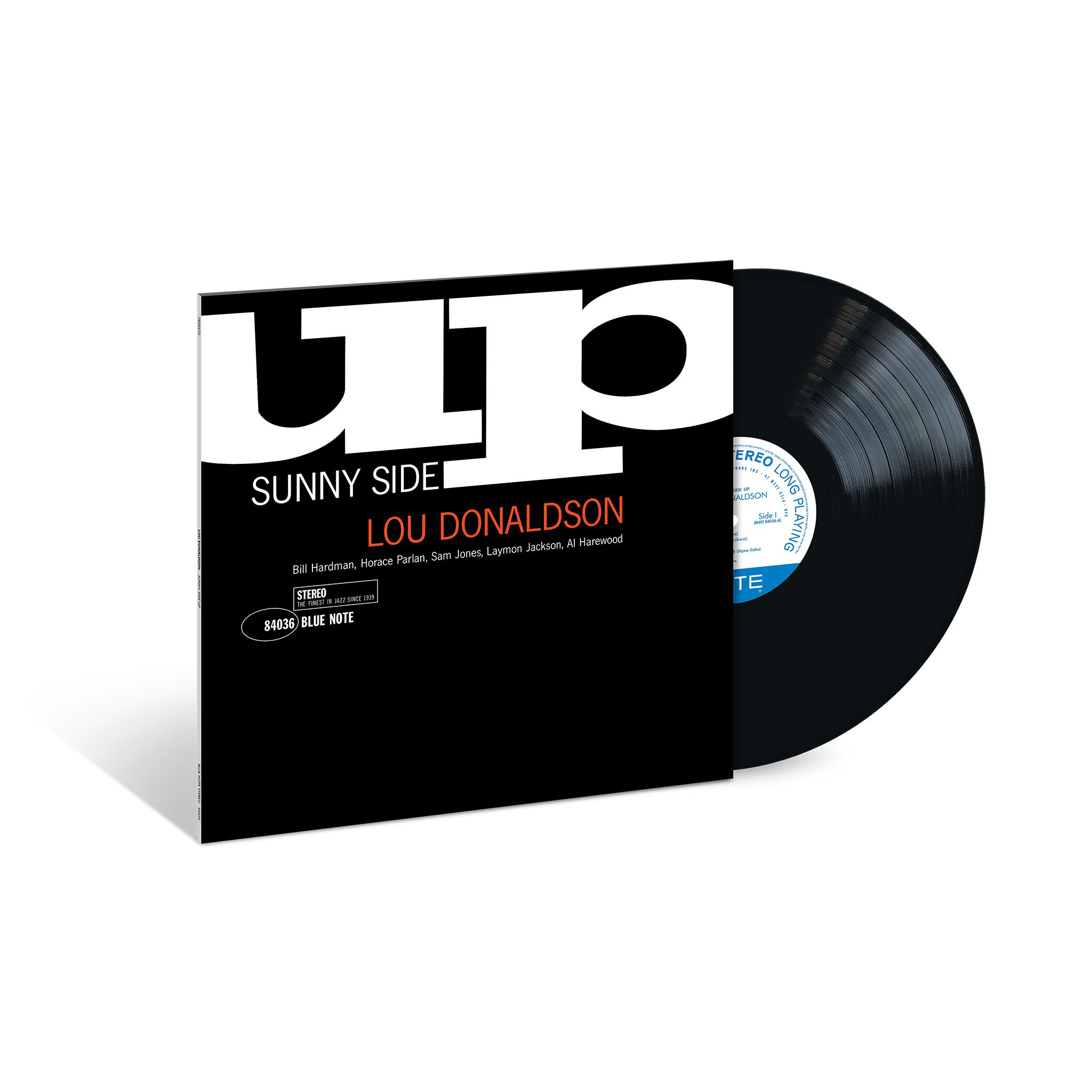 Lou Donaldsons Jazz-Platte "Sunny Side Up" in schwarzem Cover mit grosser weißer Aufschrift "Up" und Vinyl.