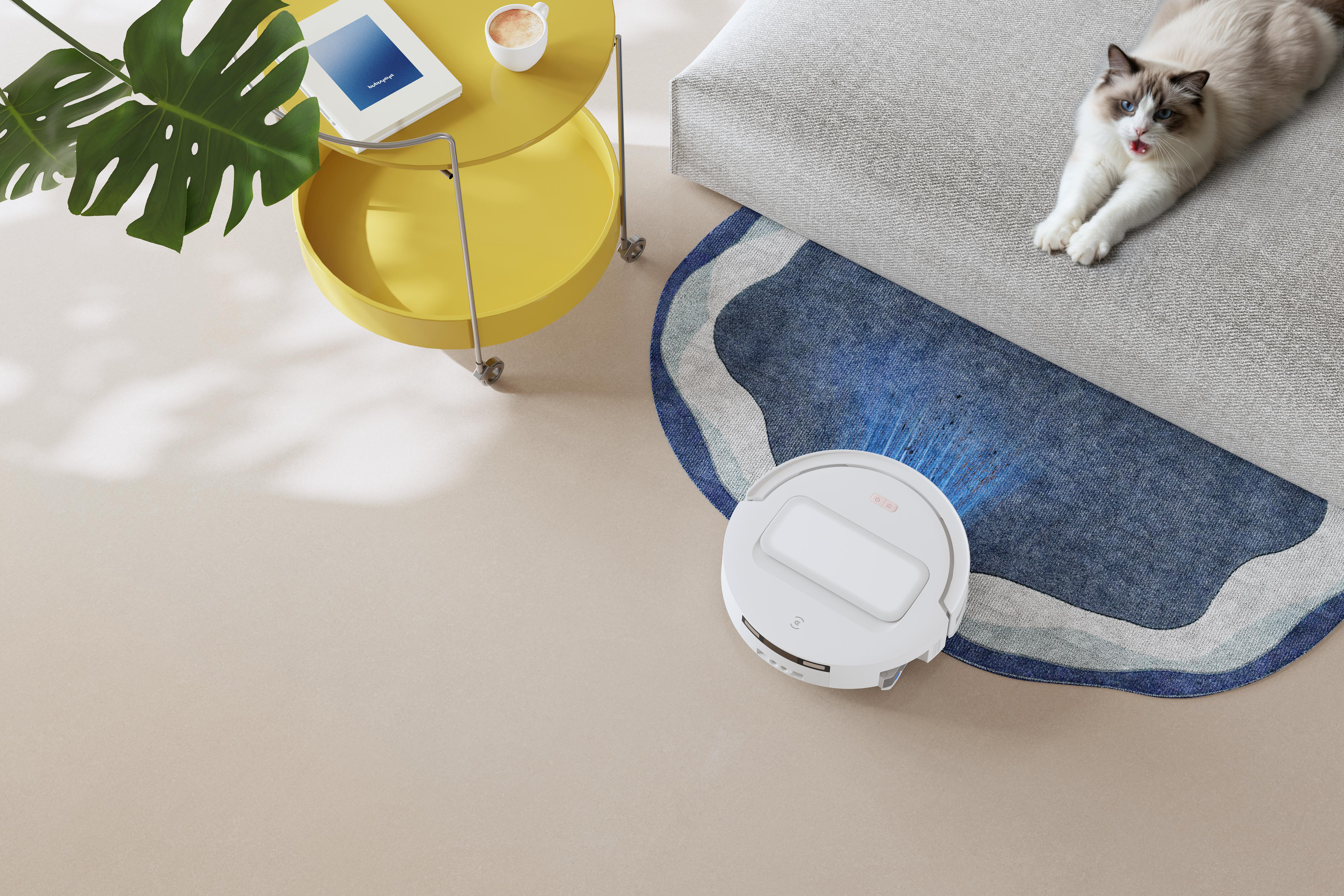 Ein weißer Saugroboter reinigt einen blauen Teppich neben einem Sofa mit Katze, gelbem Tisch und Pflanze.