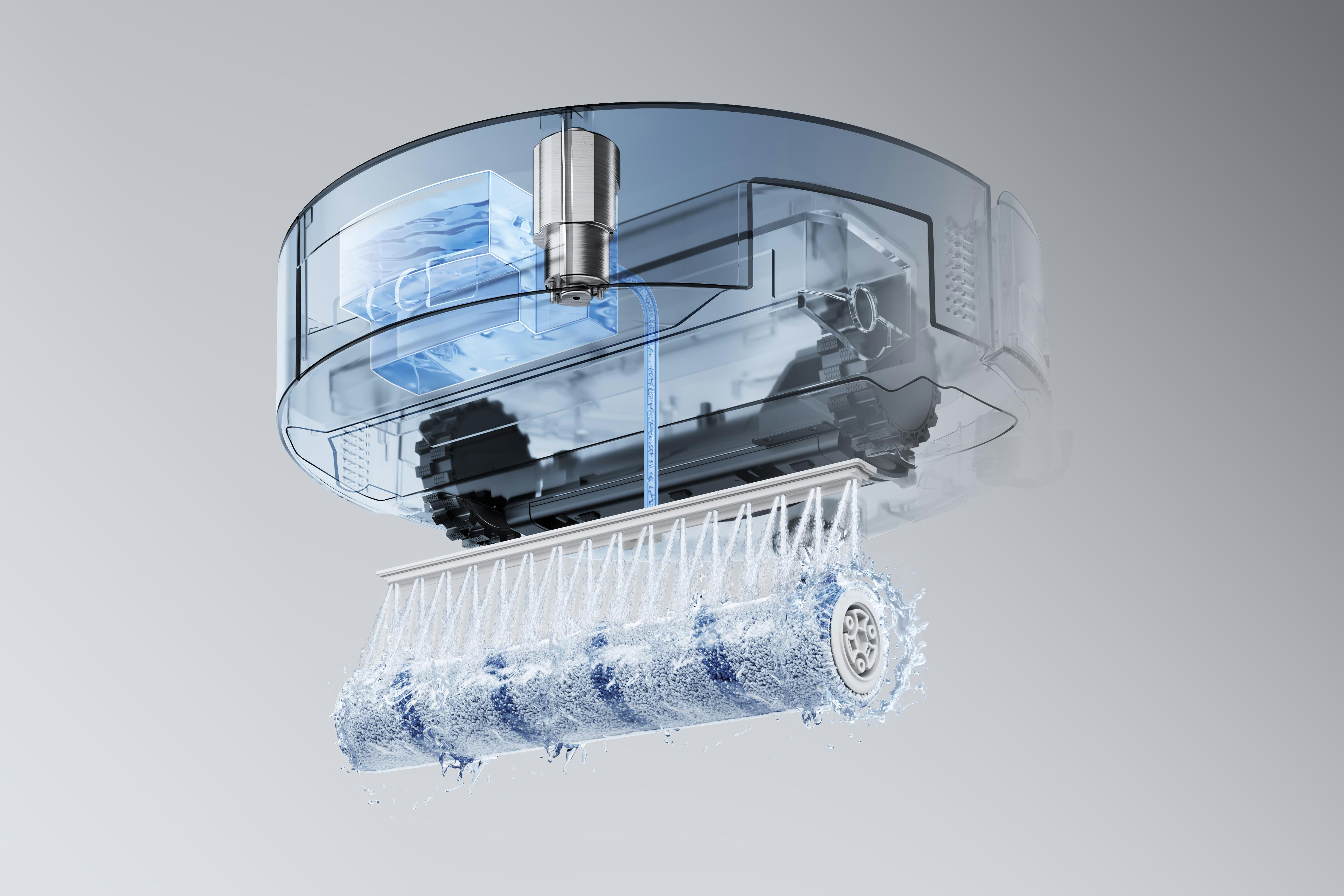 Transparenter Saugroboter mit Wassertank, der Wasser auf eine rotierende Bürste sprüht.