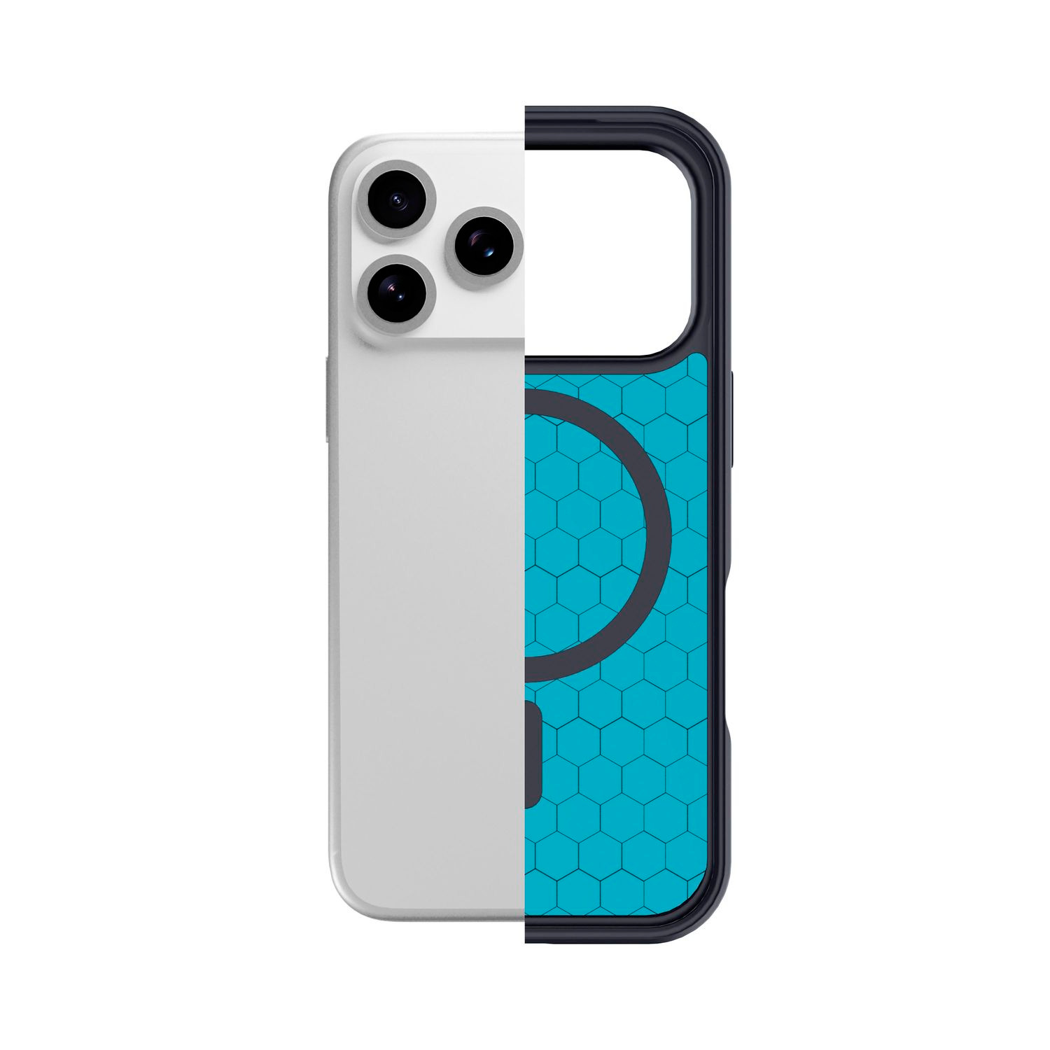 Vista dividida de un teléfono con triple cámara a la izquierda y una funda azul con patrón de panal a la derecha.