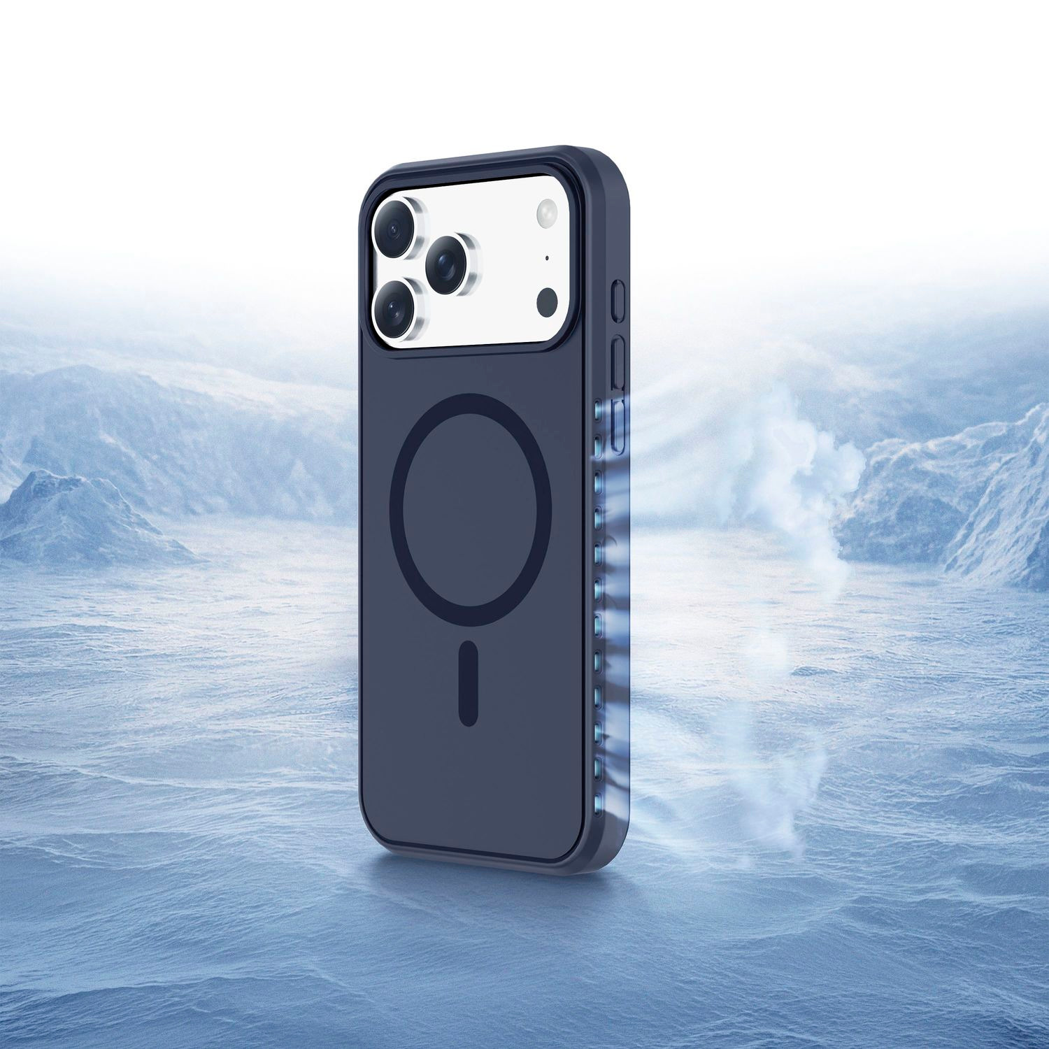 Funda de teléfono azul oscuro con anillo MagSafe frente a un fondo de montaña nevada y helada con efectos de viento.