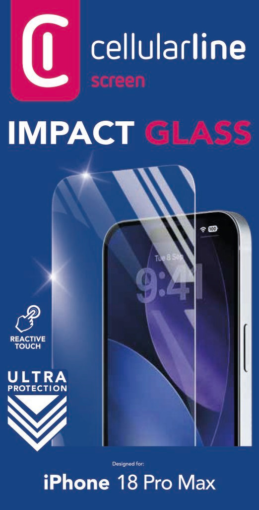Protector de pantalla Cellularline Impact Glass para iPhone 18 Pro Max sobre fondo azul.