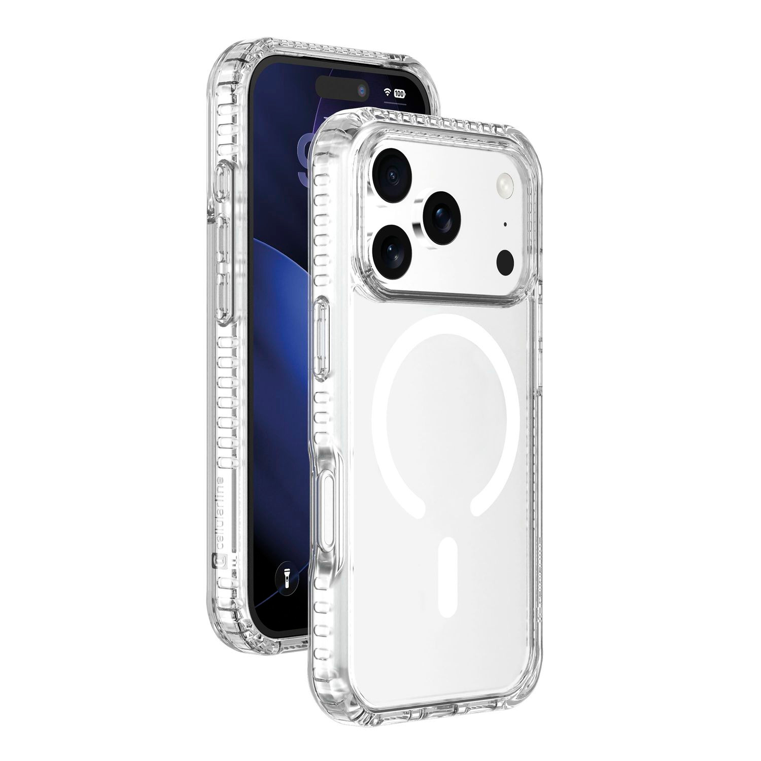 Un smartphone con una funda protectora transparente y resistente con anillo MagSafe.