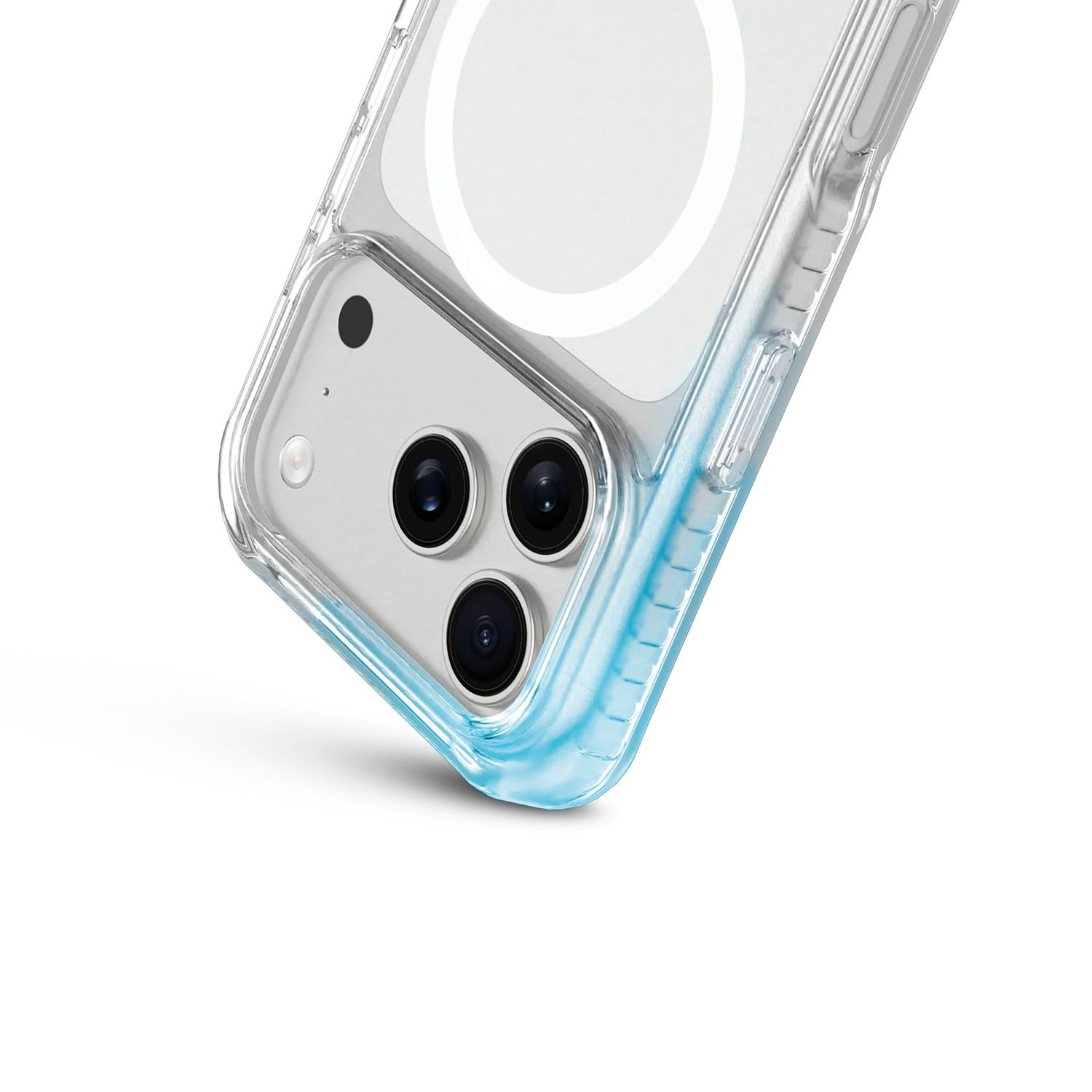 Un teléfono inteligente en una funda protectora transparente con borde azul y marca magnética.