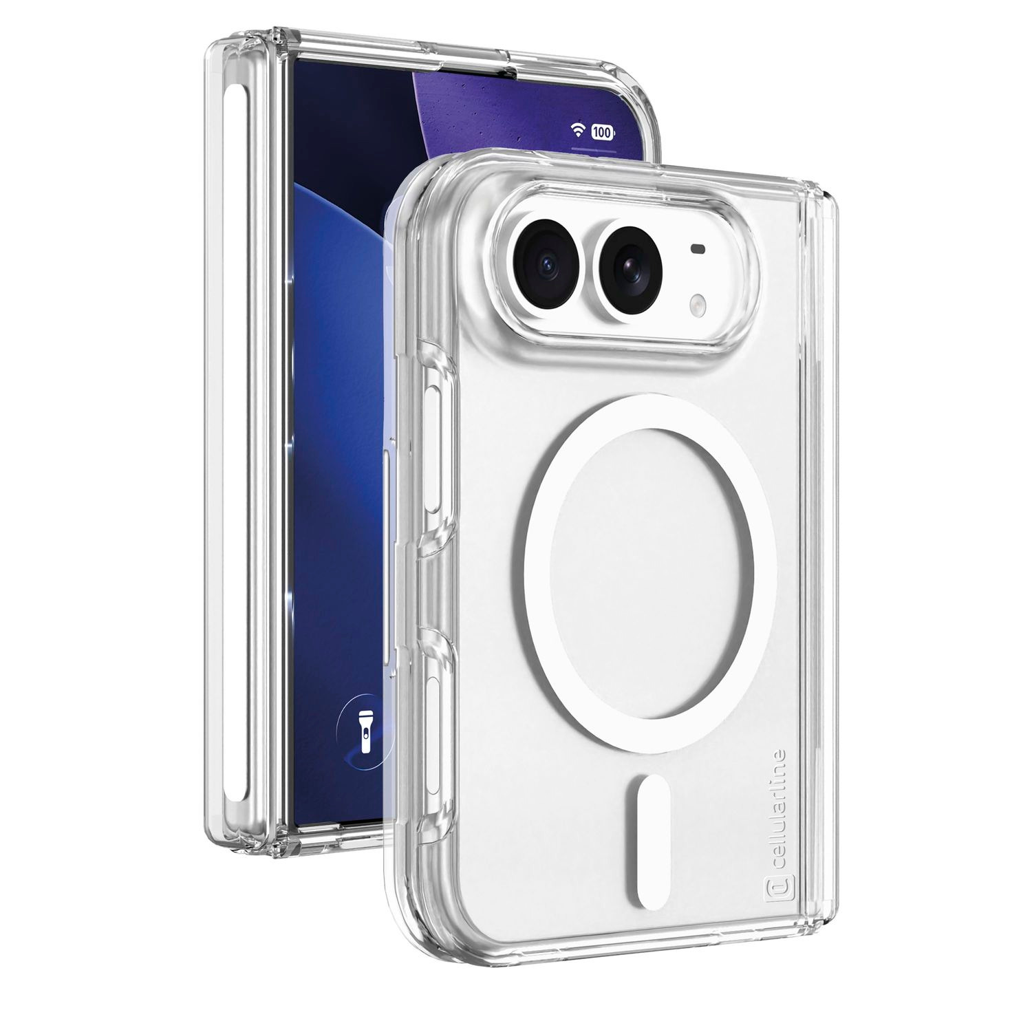 Fundá transparente con anillo MagSafe y recorte para cámara para un smartphone plegable.