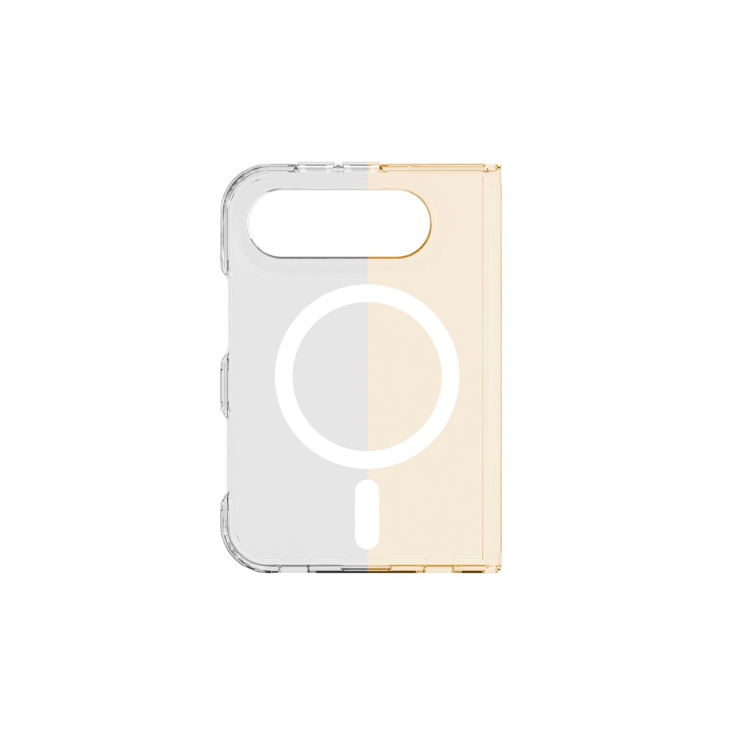 Funda transparente para teléfono con un patrón magnético circular sobre fondo blanco.
