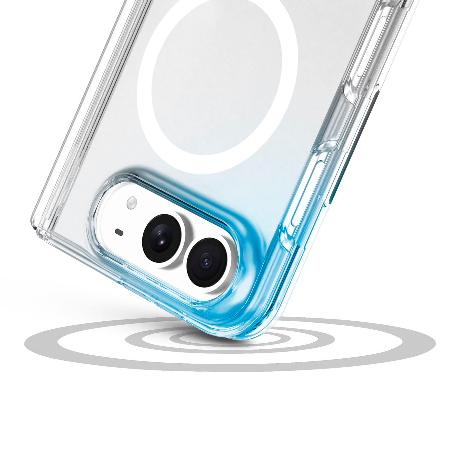 Una funda transparente con degradado azul y doble cámara, flotando sobre círculos concéntricos.