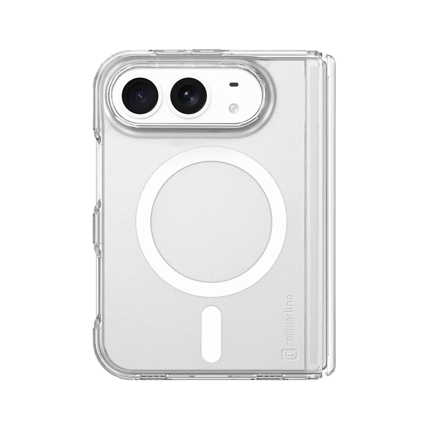 Funda transparente para teléfono con anillo MagSafe y recorte para cámara sobre fondo blanco.