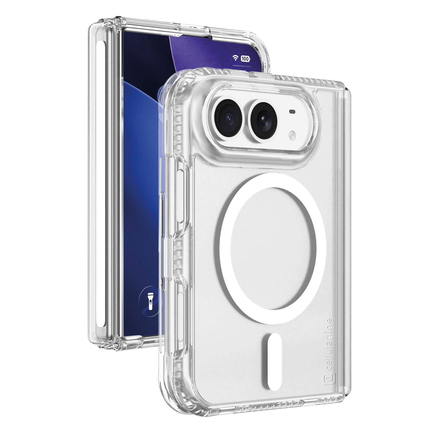 Funda de teléfono transparente con anillo MagSafe y dos cámaras sobre fondo blanco.
