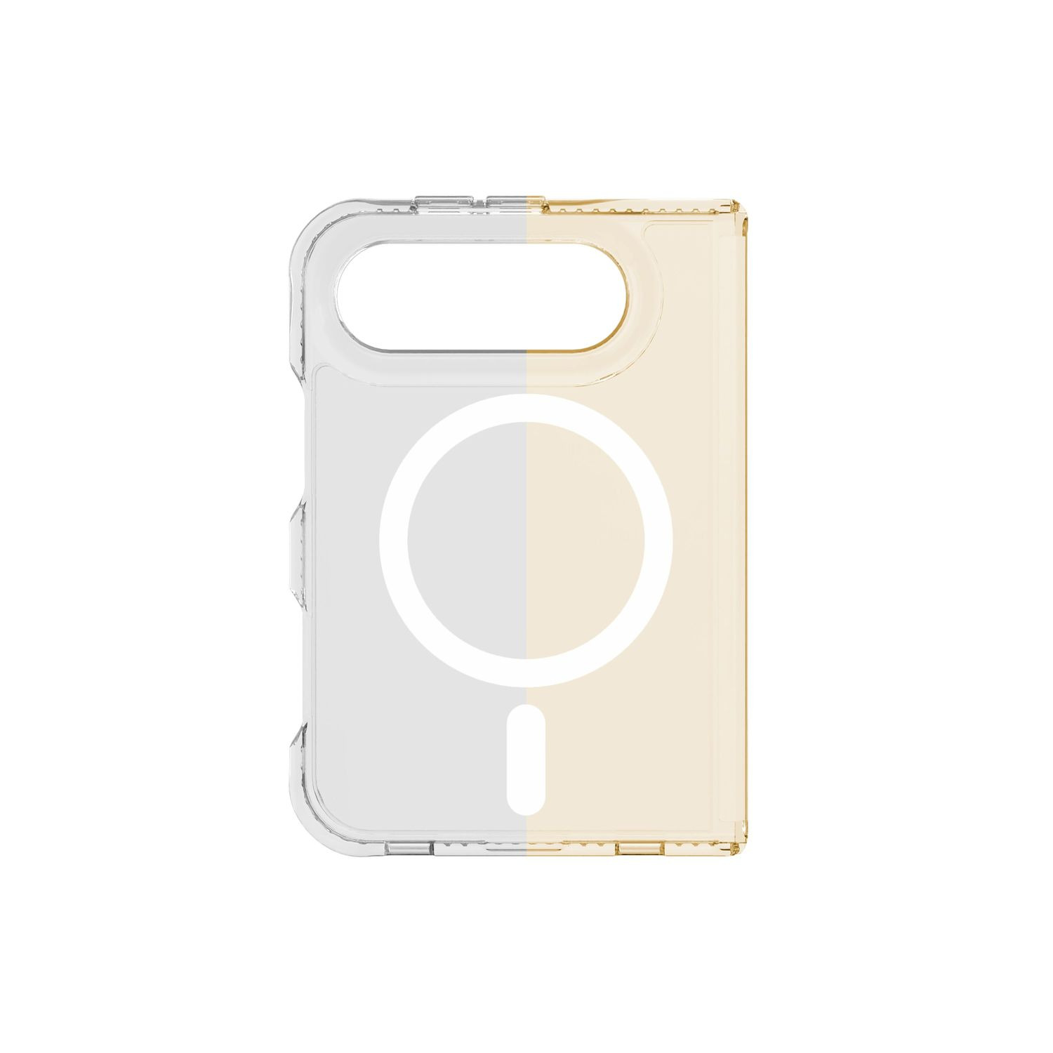 Funda de teléfono transparente con anillo MagSafe y recorte para cámara, dividida verticalmente en plata y oro.