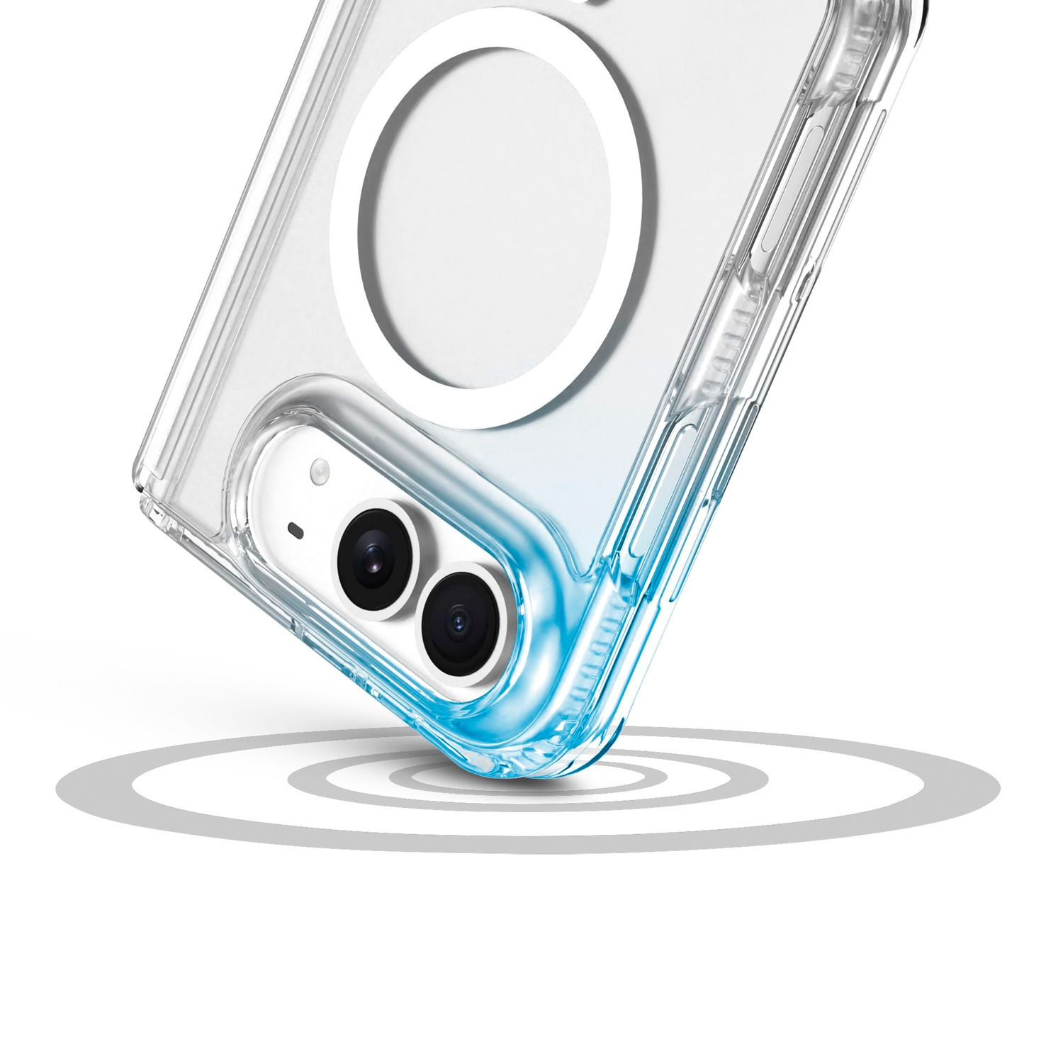 Fundador de teléfono transparente con anillo MagSafe y acentos azules, sobre líneas onduladas.