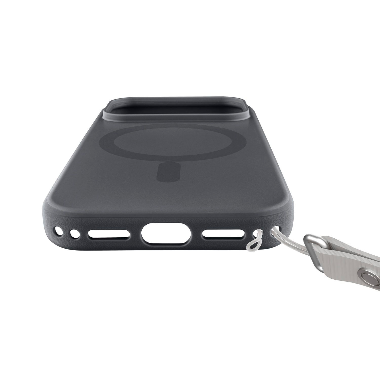 Fundatono gris oscuro para móvil con anillo MagSafe y correa de muñeca blanca.