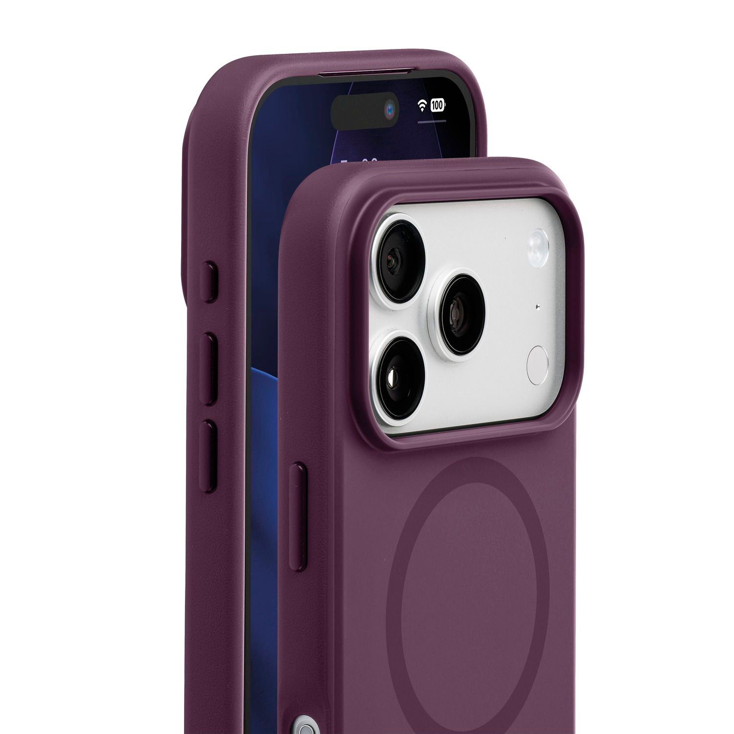 Un teléfono inteligente en una funda protectora morada oscura con anillo MagSafe.