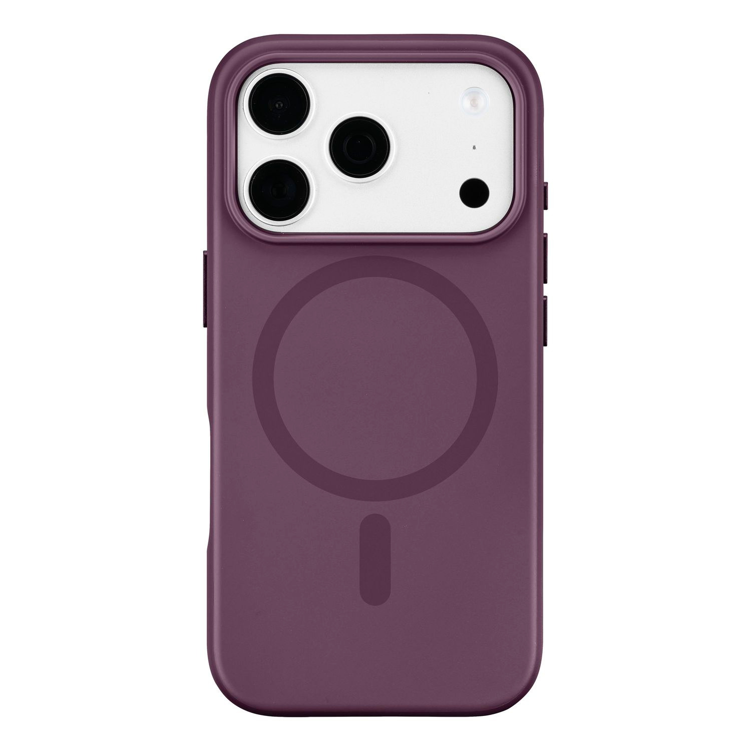 Una funda de smartphone morada con un icono circular MagSafe y sección de cámara blanca sobre fondo blanco.