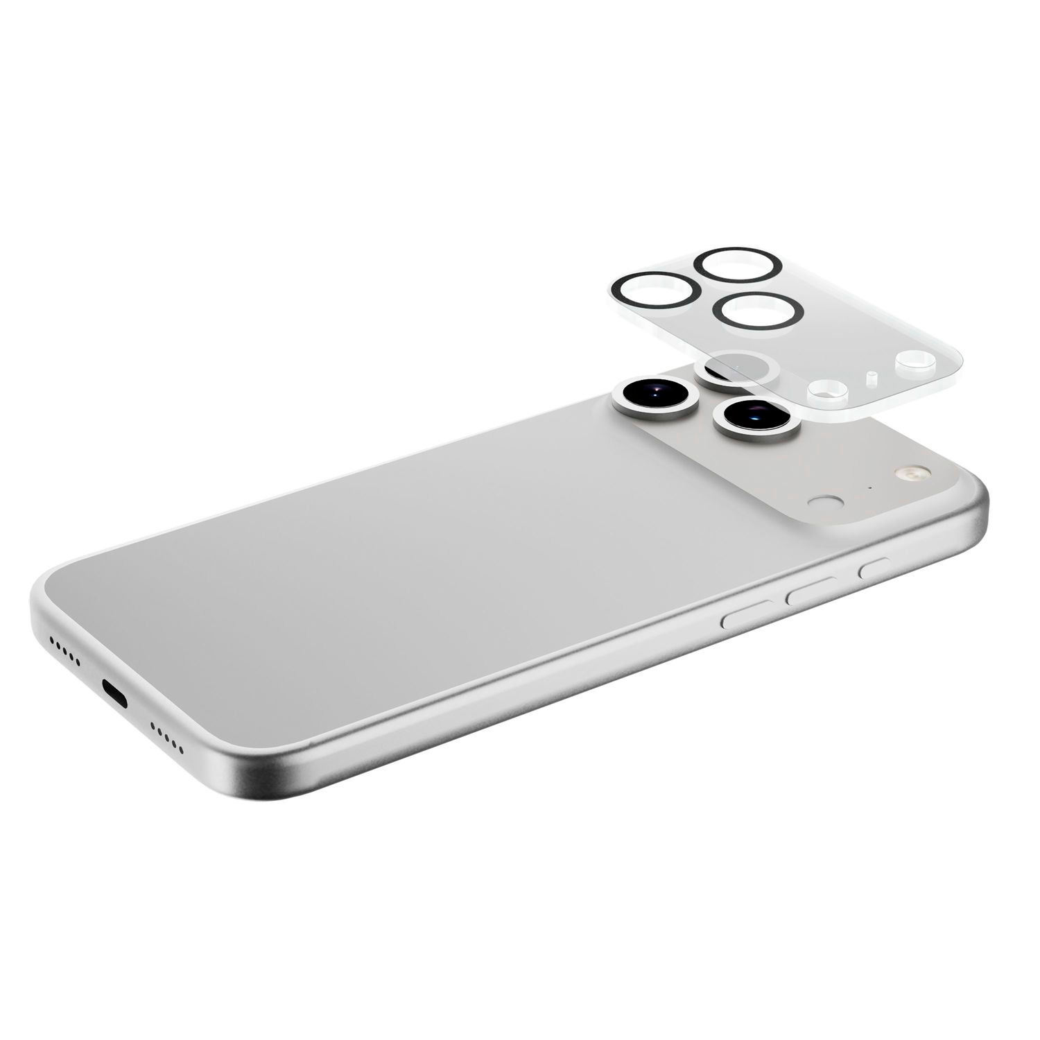 Una película de vidrio protector para la cámara del smartphone flota sobre la parte trasera de un teléfono plateado.