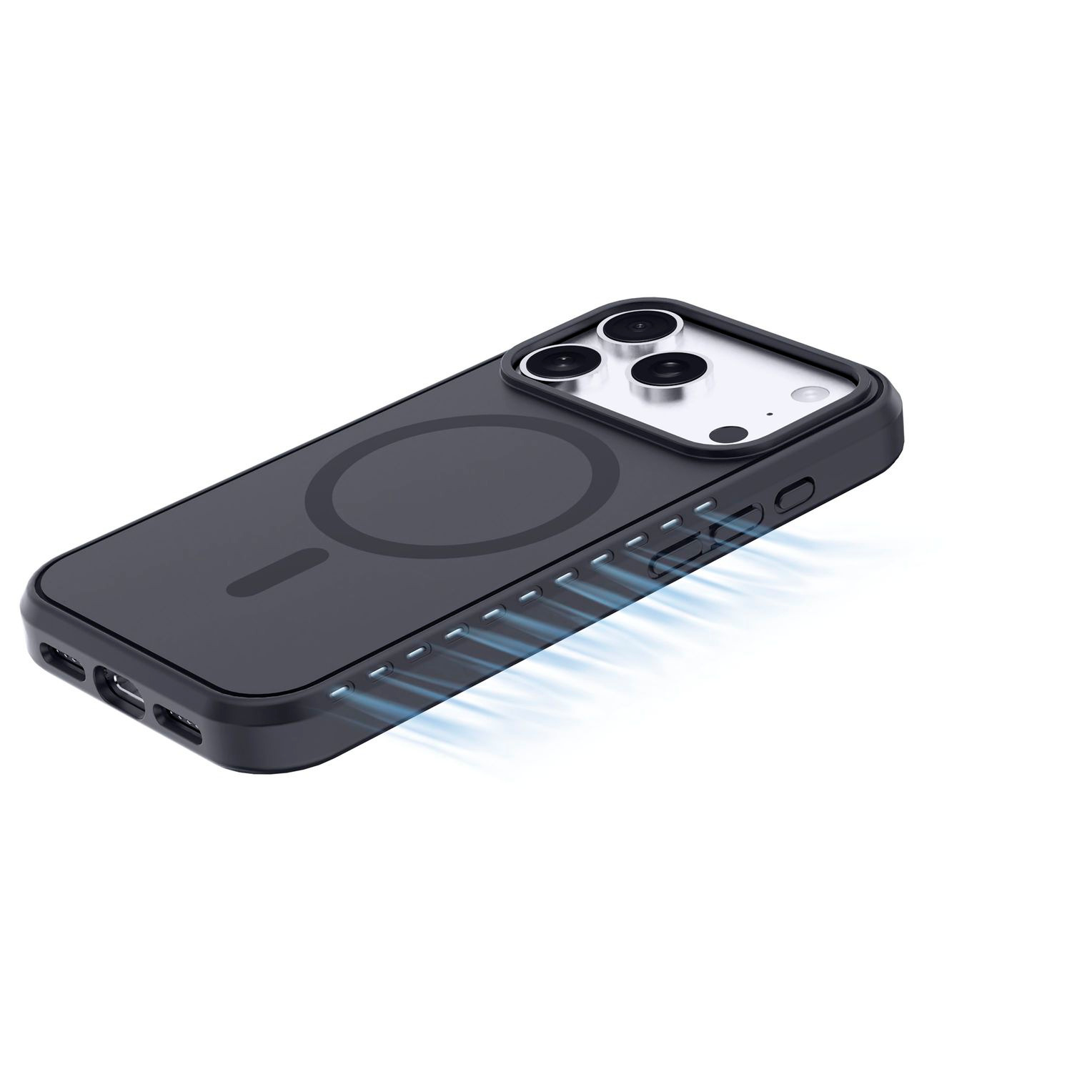 Funda de smartphone negra con anillo magnético y aletas de refrigeración en un fondo blanco.