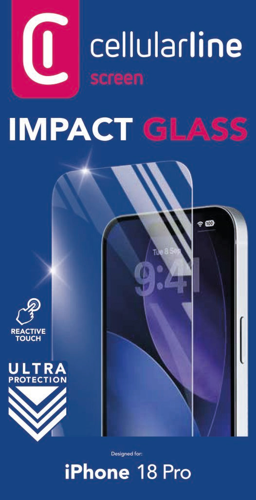 Protector de pantalla Cellularline Impact Glass para iPhone 18 Pro con envase azul y texto.
