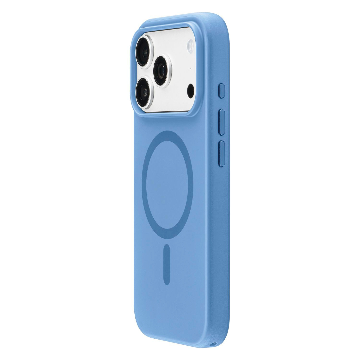Una funda de smartphone azul claro con un anillo MagSafe circular en la parte posterior, sobre fondo blanco.