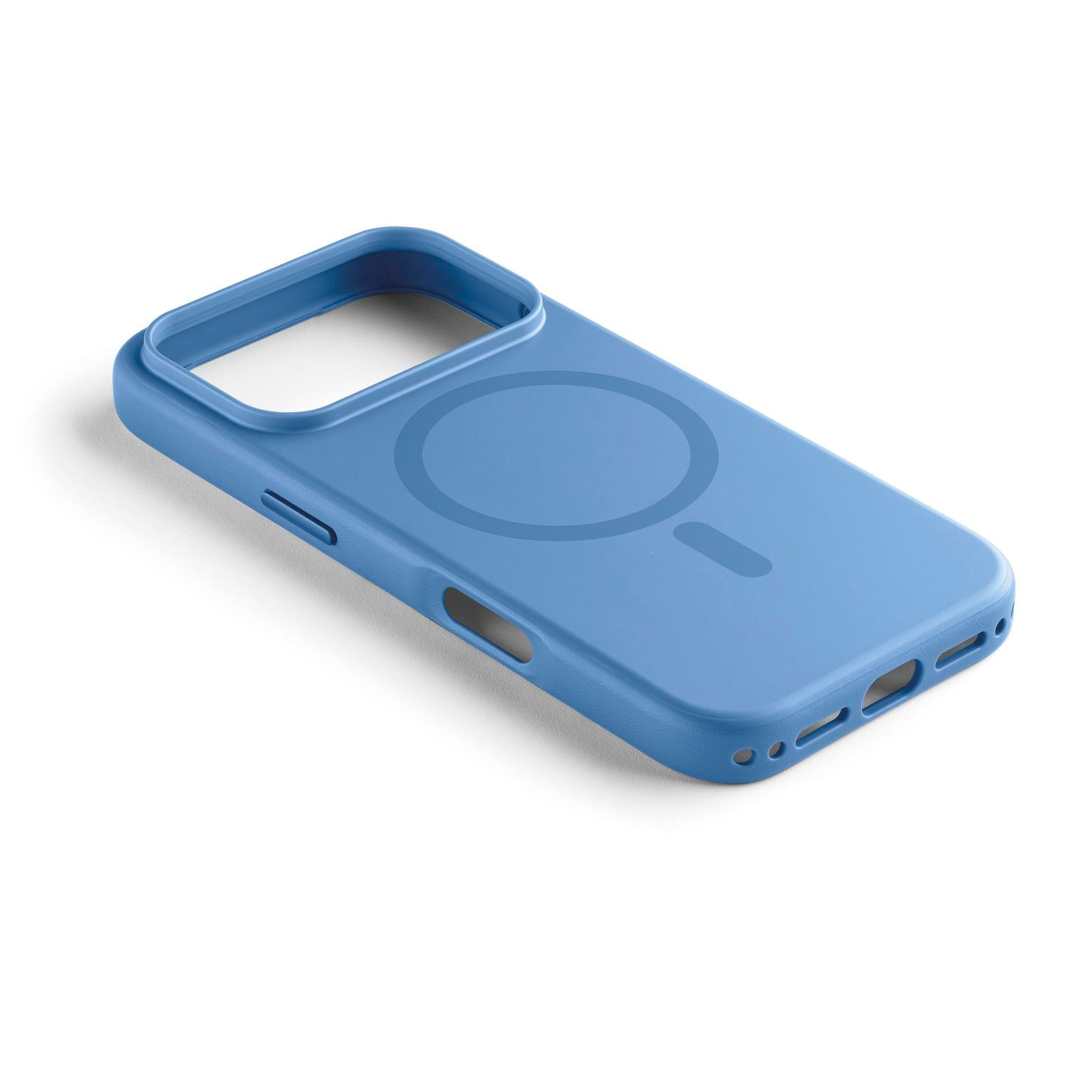 Funda azul para smartphone con anillo MagSafe en la parte posterior y recorte para cámara, sobre fondo blanco.