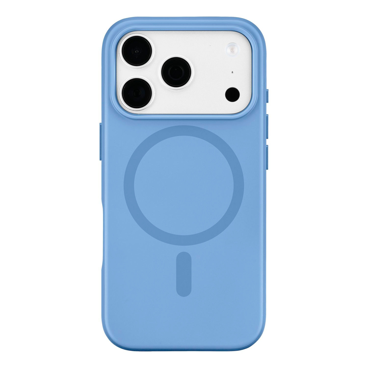 Funda azul para smartphone con anillo MagSafe y módulo de cámara blanco.