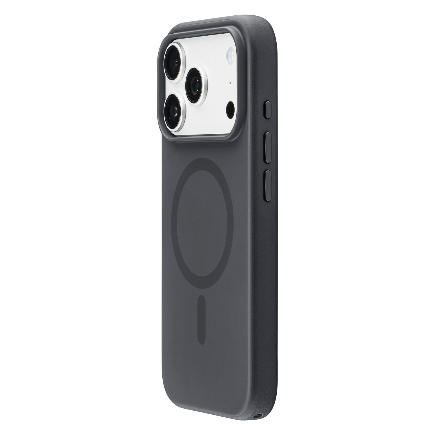 Funda de teléfono gris oscuro con anillo MagSafe y recorte para triple cámara en la parte trasera blanca.