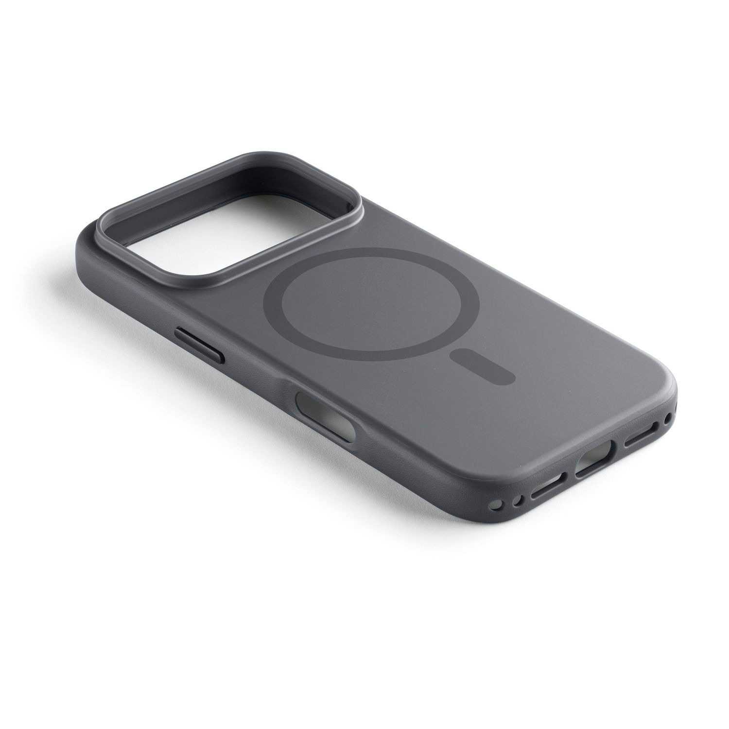 Una funda de smartphone gris con un anillo MagSafe integrado sobre fondo blanco.