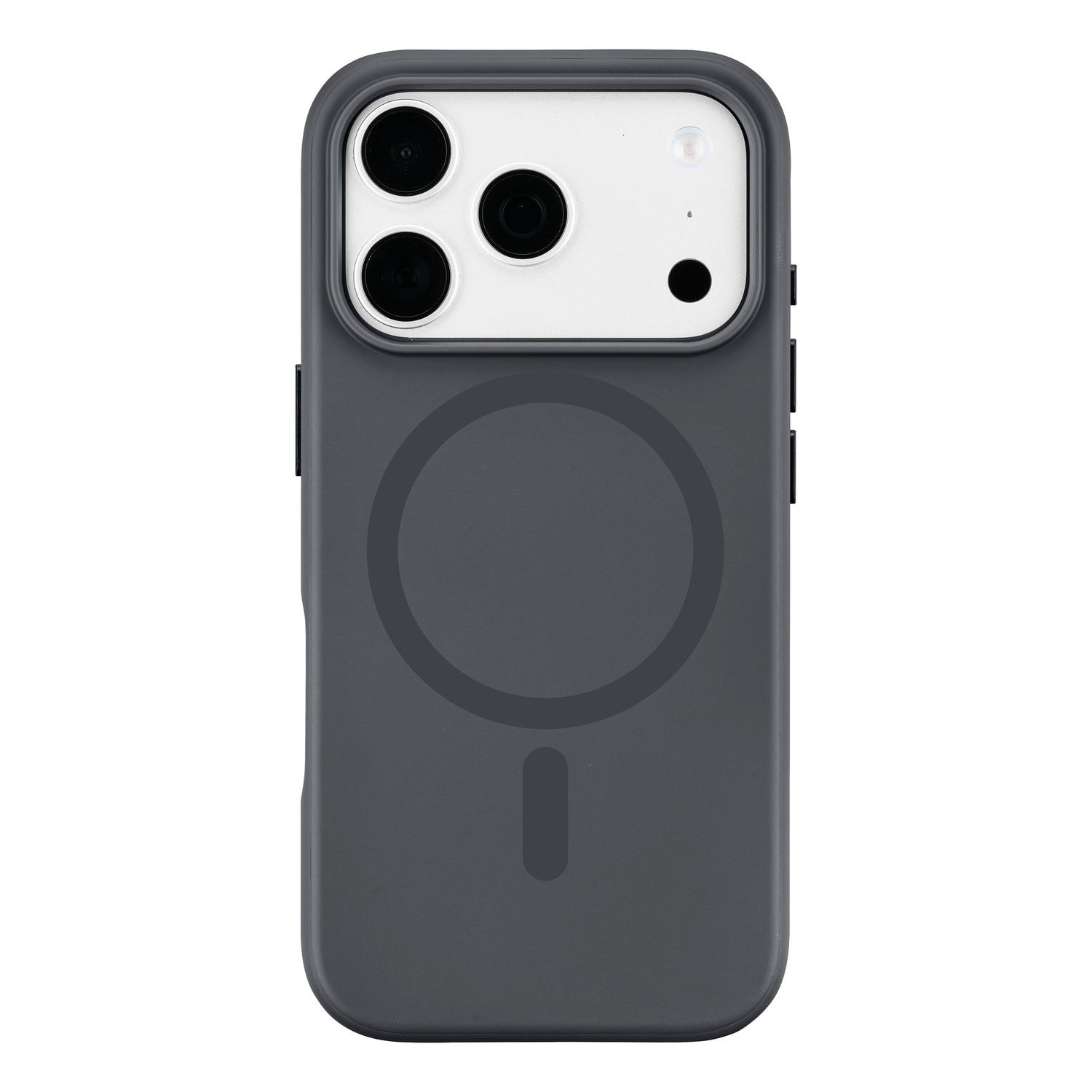 Una funda de móvil gris oscura con anillo MagSafe y recorte de cámara blanco con tres lentes.