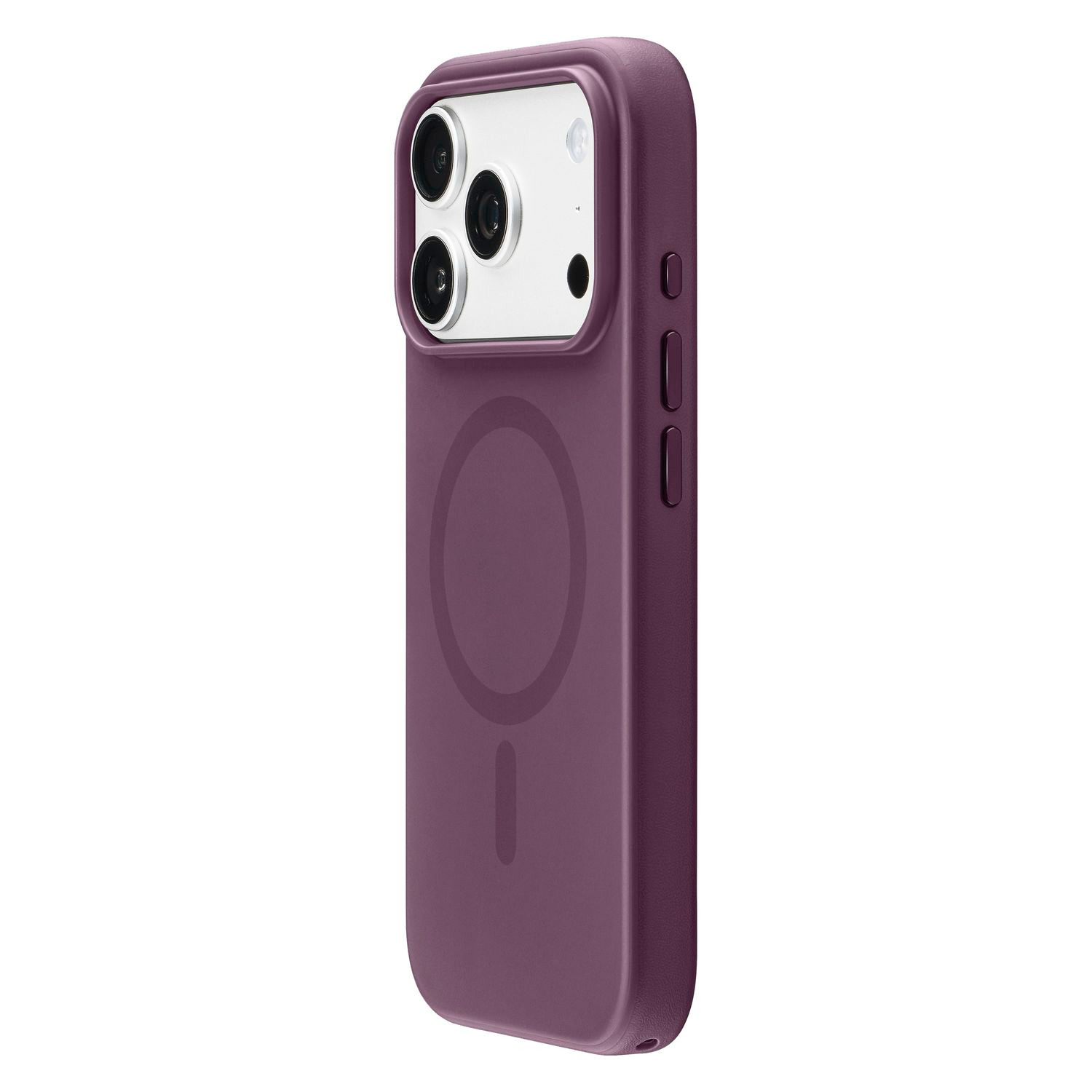 Una funda de smartphone morada con anillo Magsafe y recorte para cámara sobre fondo blanco.
