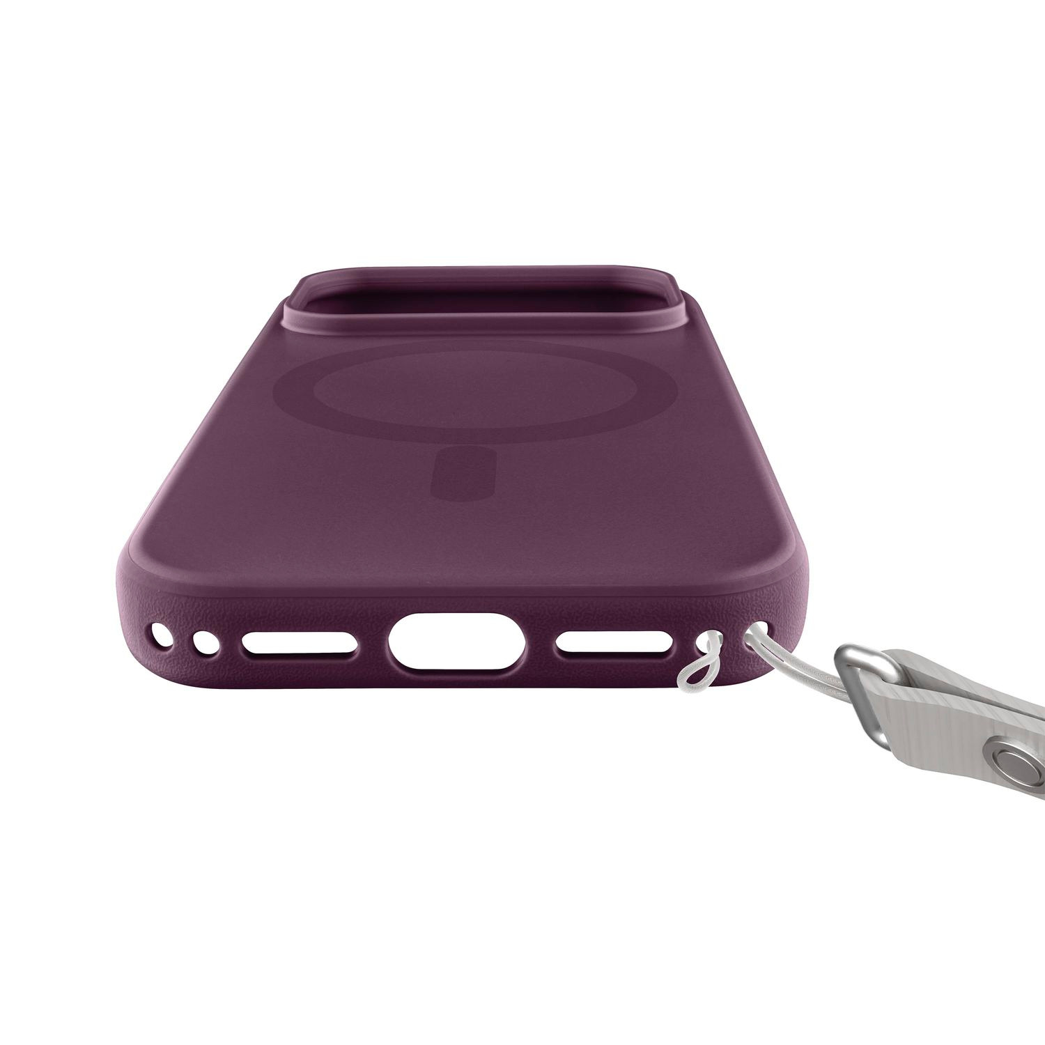 Funda de móvil morada con cordón y anillo MagSafe en la parte inferior sobre fondo blanco.