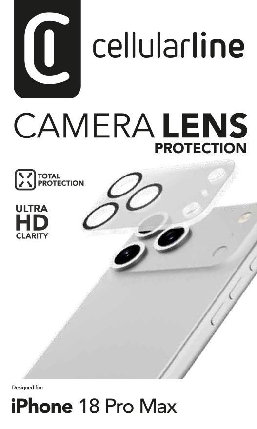 Embalaje de protector de lente de cámara Cellularline para iPhone 18 Pro Max con protección total y ultra HD.